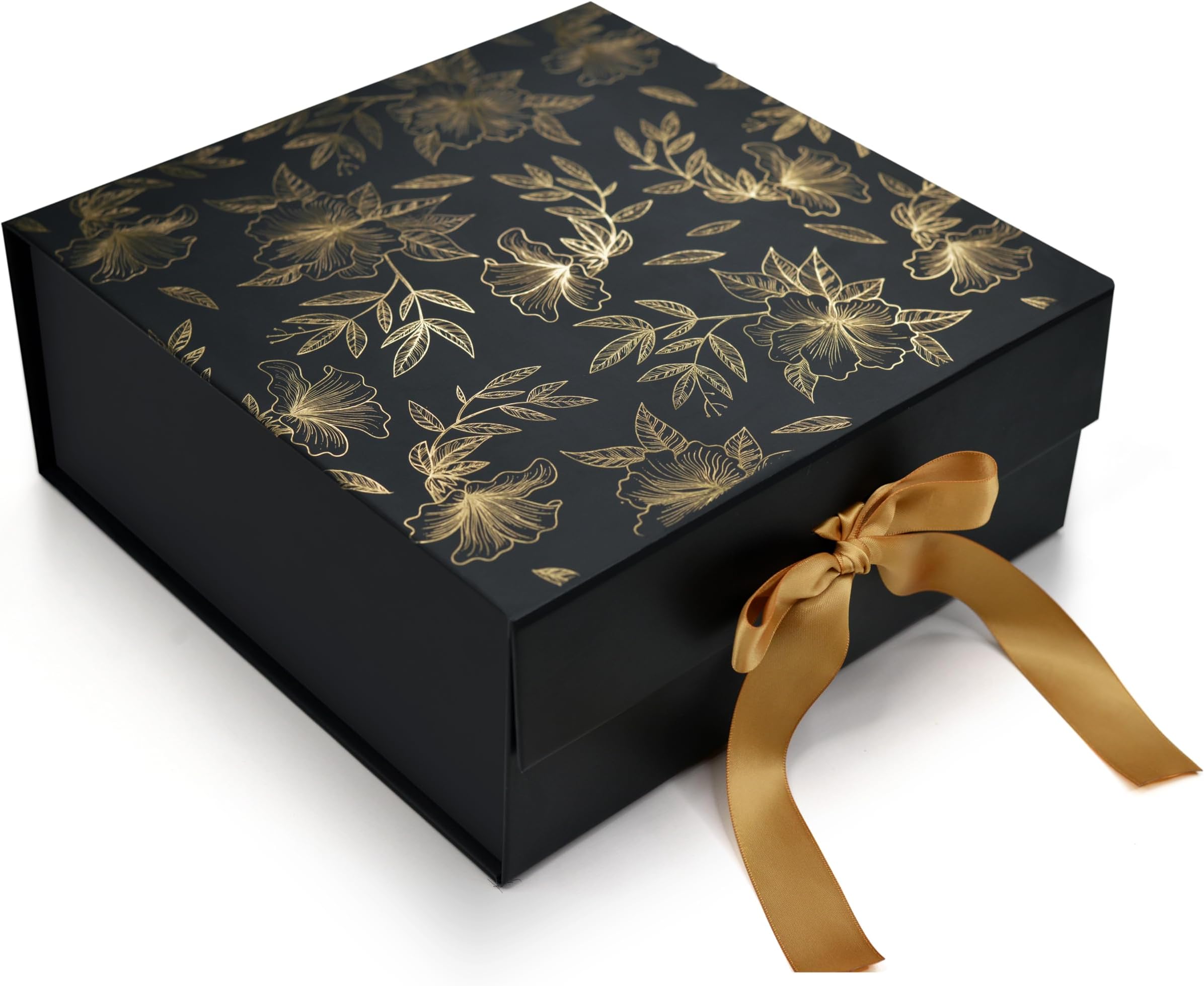 RBS® MEDIUM Black Empty Gift Box 26x26x10cm Decorative Floral Gift Boxes for Presents (1 Pack) Box for Gift Packing Multipurpose Hamper Cardboard Box for Gift Occasion Gift Box (Black Gold Floral)