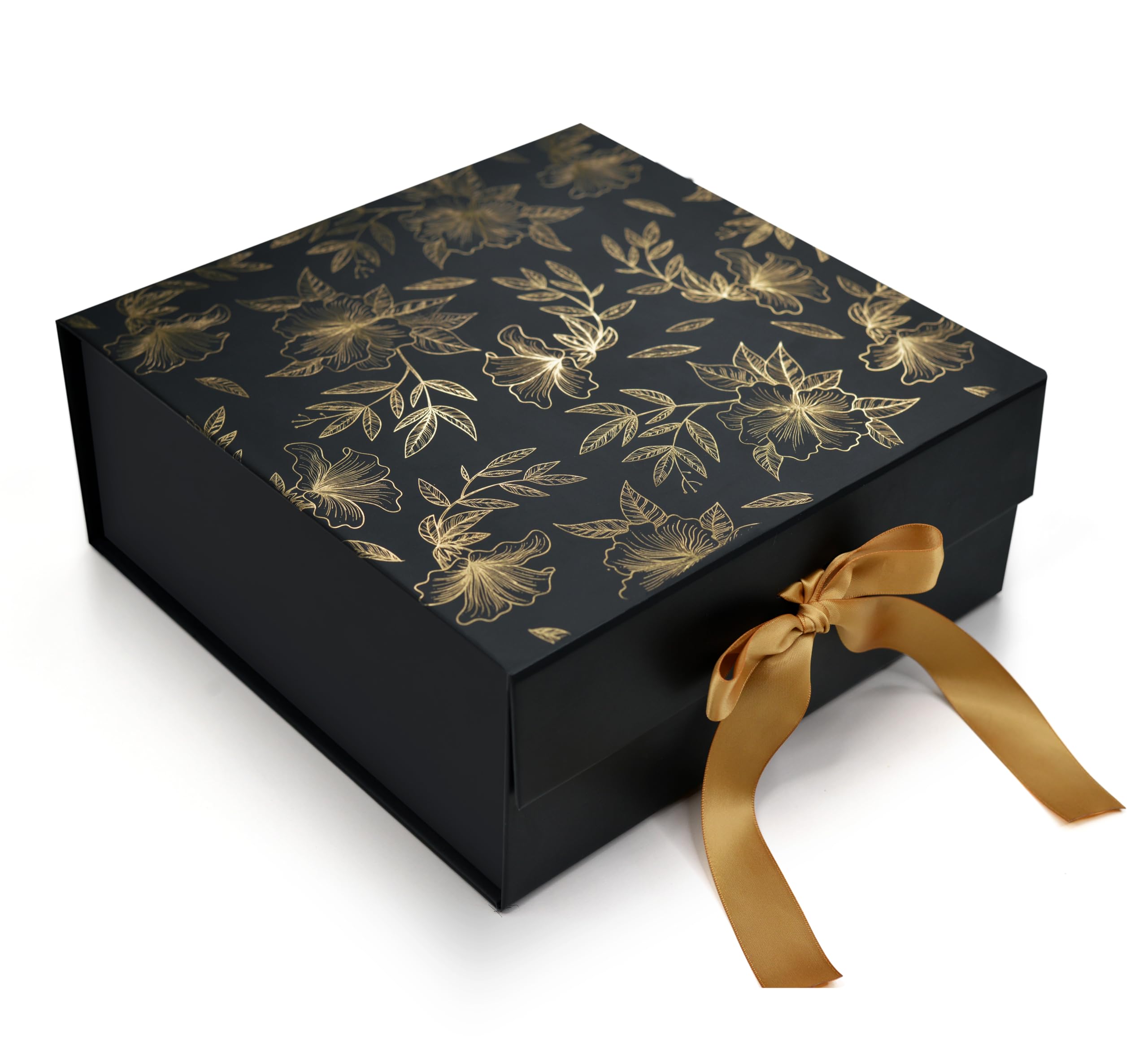 RBS® MEDIUM Black Empty Gift Box 26 x 26 x 10cm Decorative Floral Gift Boxes For Presents (1 Pack) Box For Gift Packing Multipurpose Cardboard Box for Gift Occasion Gift Box (Black Gold Floral)