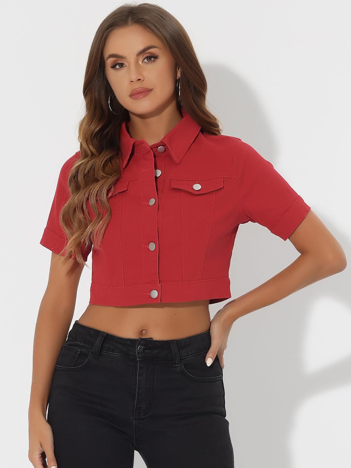 Allegra K Casual Denim Jacket for Women Short Sleeves Crop Jean Denim Jacket
