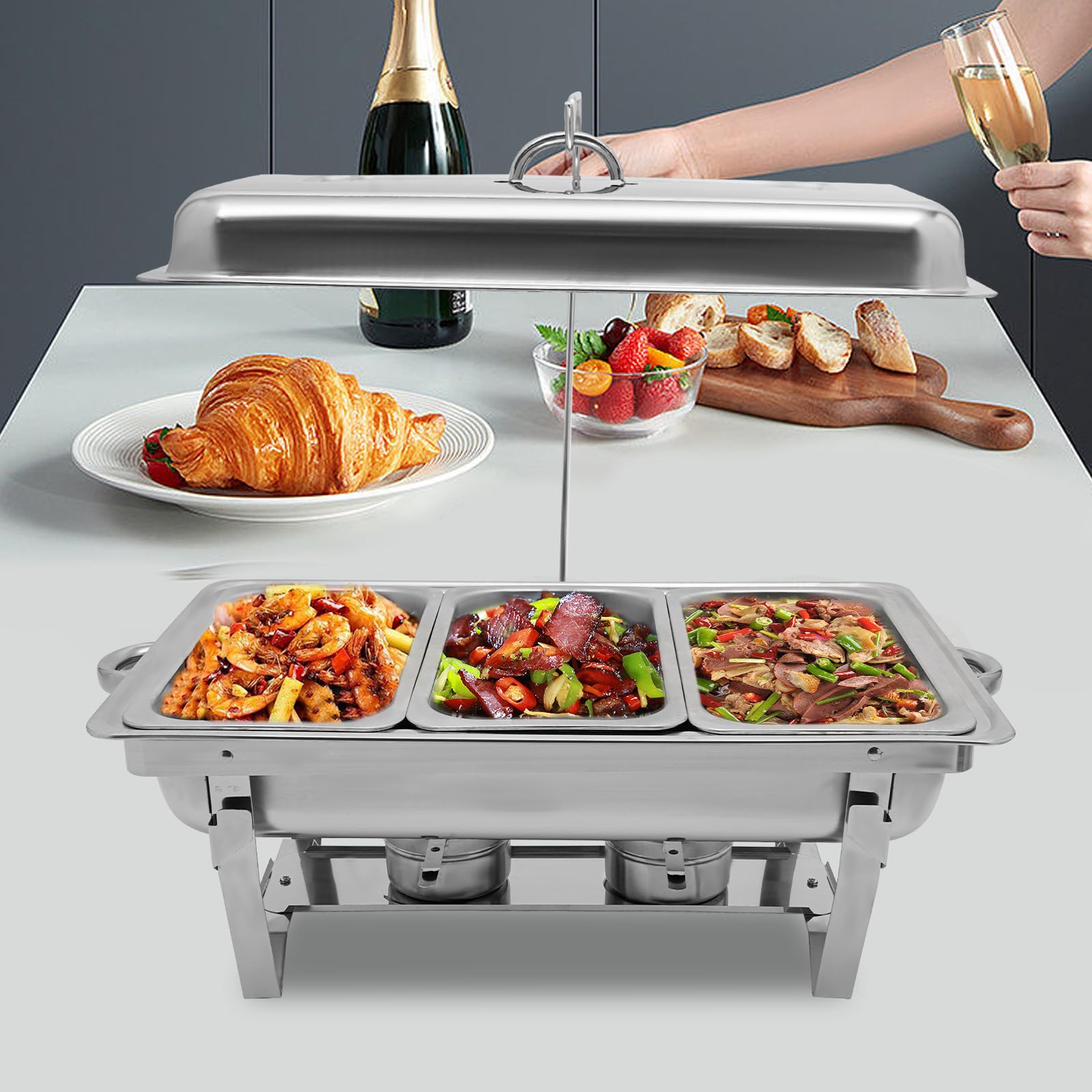 Calentador de alimentos de 9 l, recipiente térmico de acero inoxidable, marco plegable de acero inoxidable, juego de buffet plateado, rectangular, para catering, buffet y fiestas (3 bandejas)