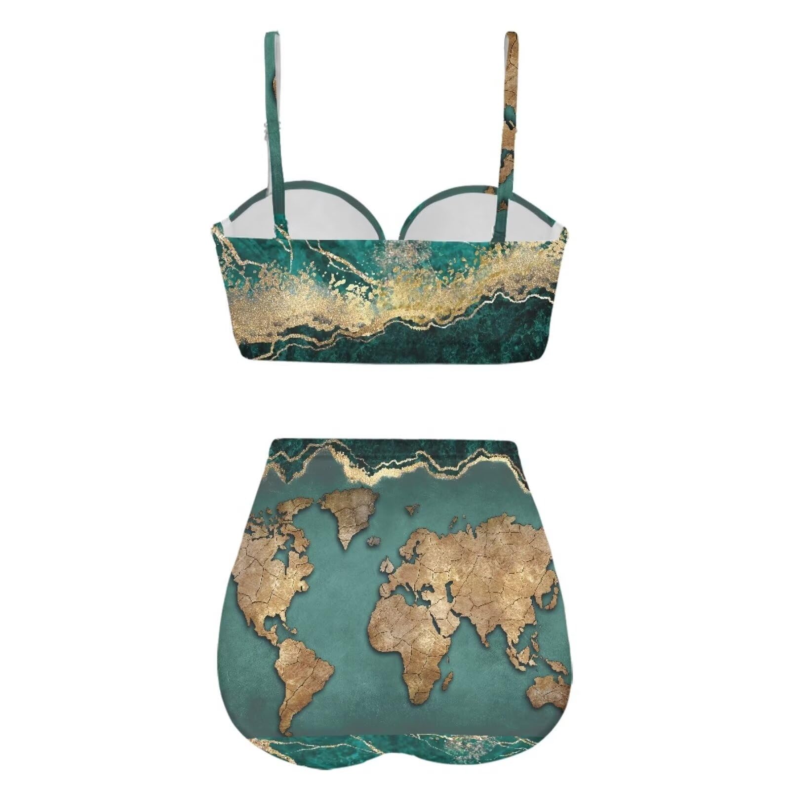 JEOCODY World Map Women High Waisted Bikini Set Sexy Swimsuit Two Piece Scoop Neck Cheeky Bathing Suit Spaghetti Strap Push Up Top with Bottom,Wolrd Map with Marble Print