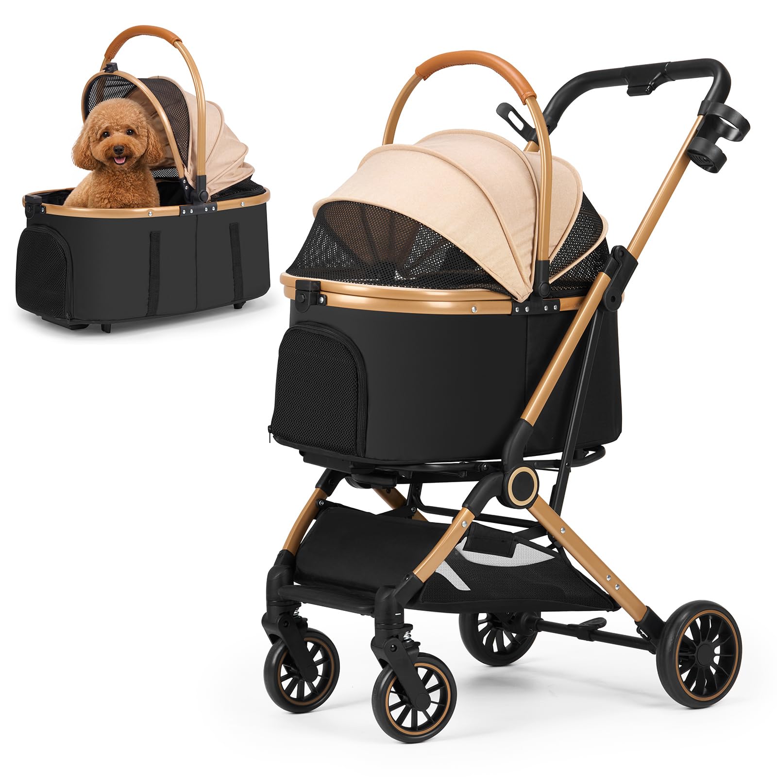 View 1 of [DAMAGED] Dog Stroller for Small and Medium Dogs, 40lbs Capacity Pet Stroller with Detachable Carrier, One-Hand Fold, Breathable Mesh & Sun/Rain Canopy, Khaki