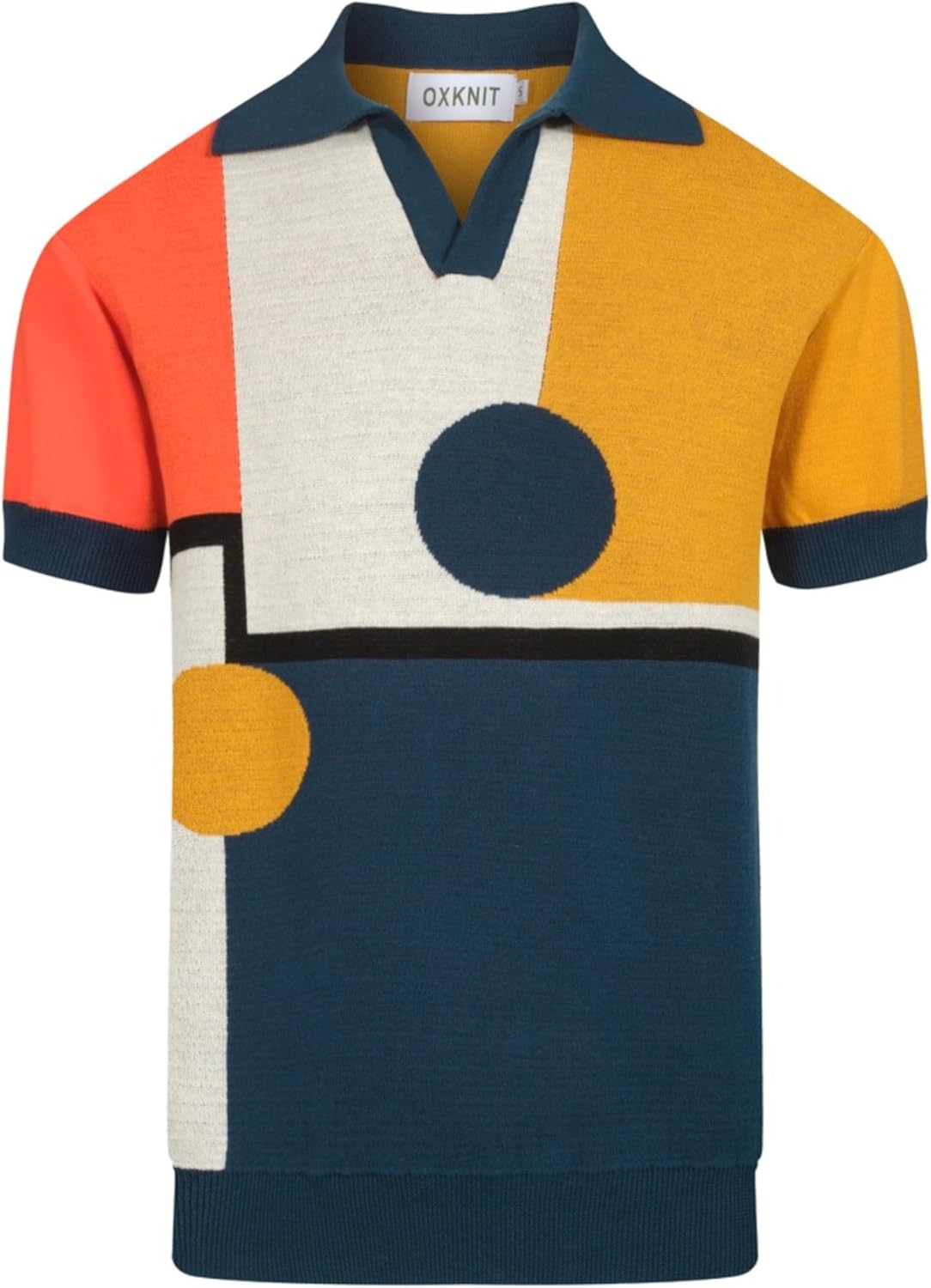 OXKNIT Men's Retro Knitted Poloshirt, 1960s Mod Vintage Contrasting Colors Polo V-Neck Cotton Short Sleeve