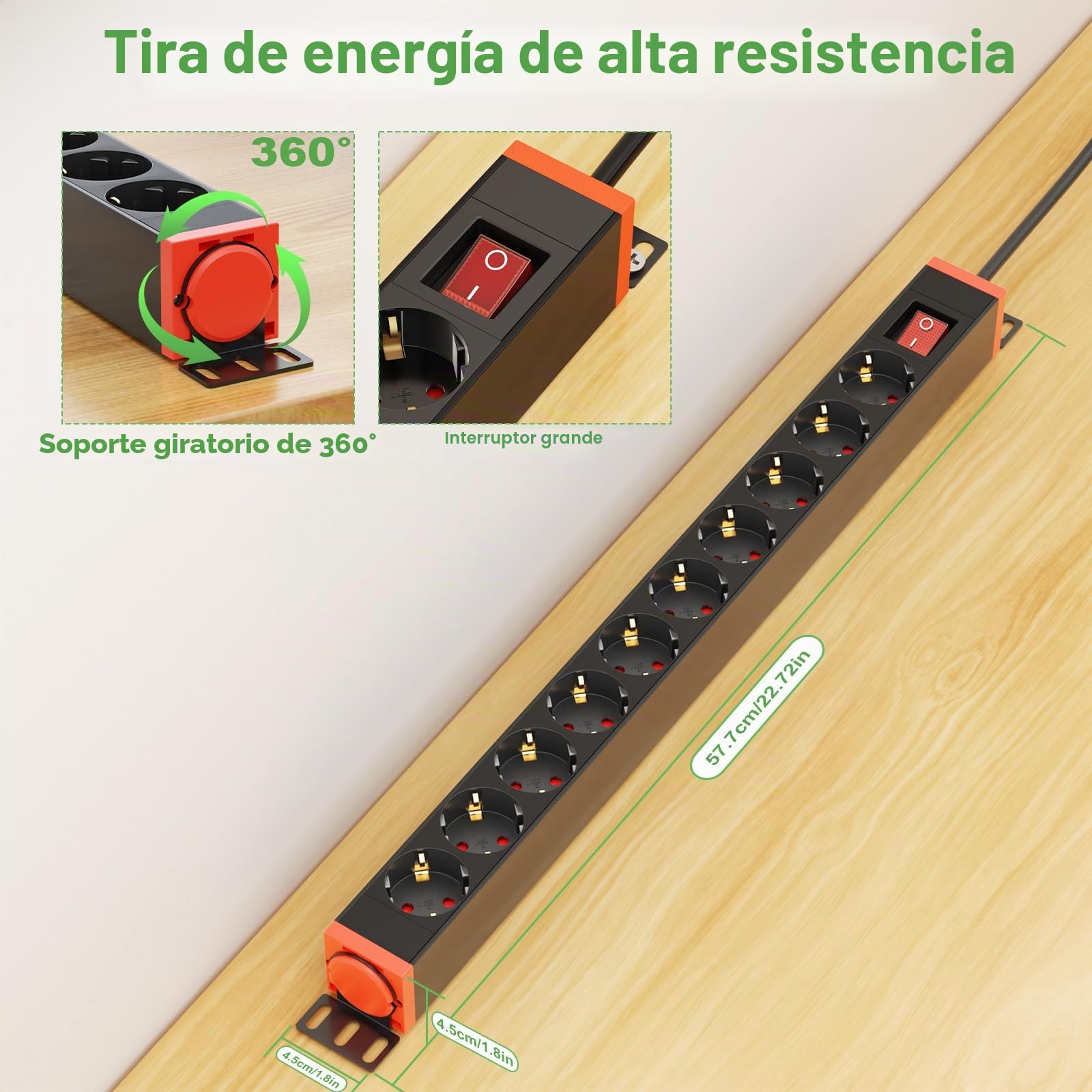 Regleta de 10 enchufes con protección contra sobretensiones, aluminio, enchufe múltiple de pared con interruptor, soporte giratorio de 360°, para oficina, industria, cable de extensión de 1,8 cables