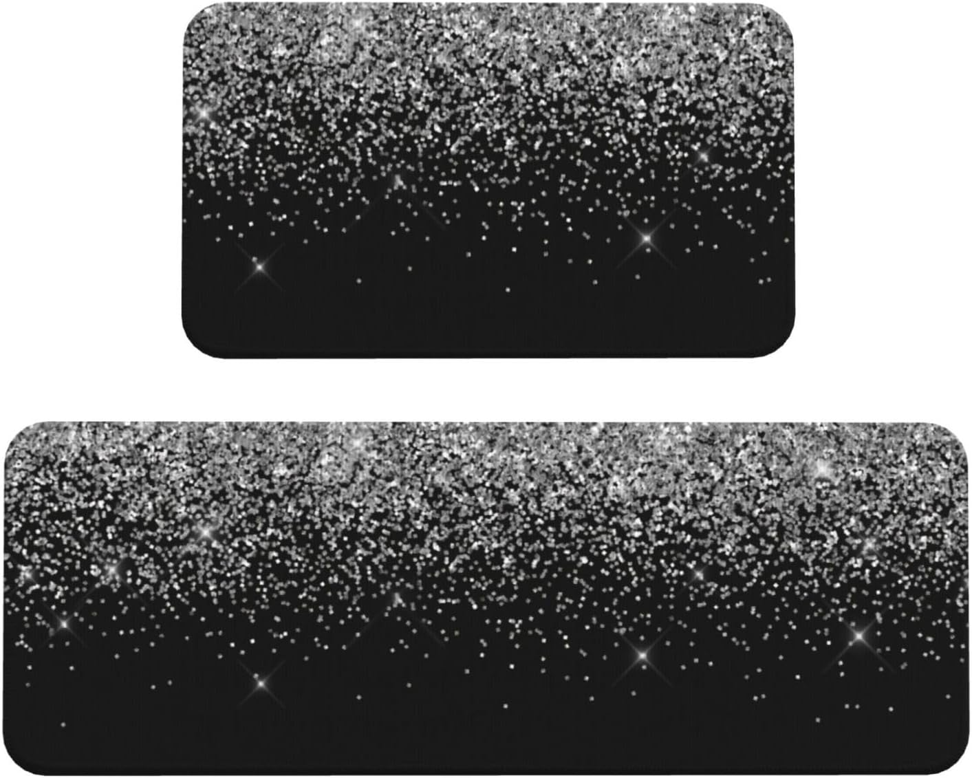 Silver Black Glitter Kitchen Mats Set of 2, Home Decor Kitchen Rugs for Floor - 17x29 and 17x47 Inch
