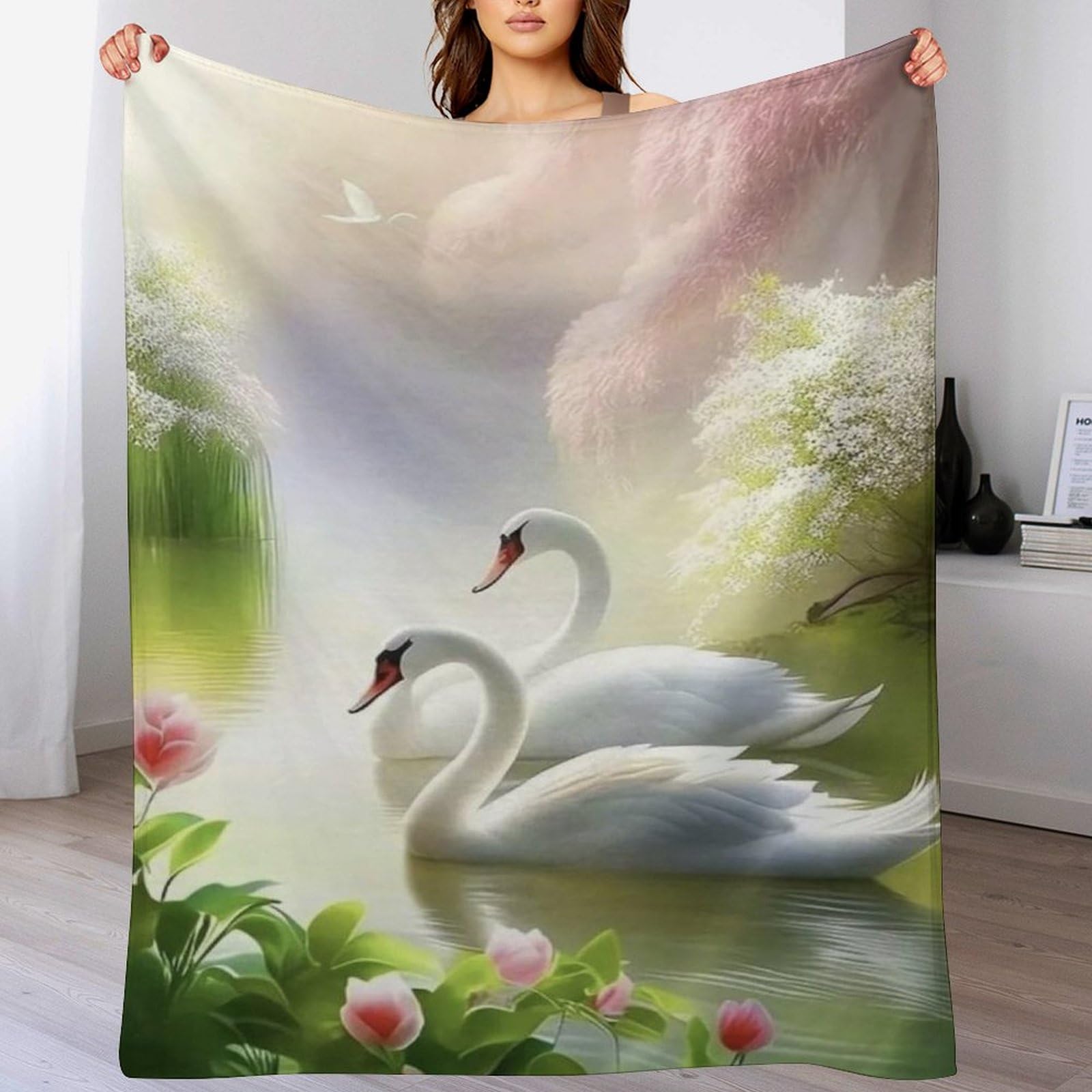 Couverture cygne en flannel douce polaire lit et canapé 130x150cm