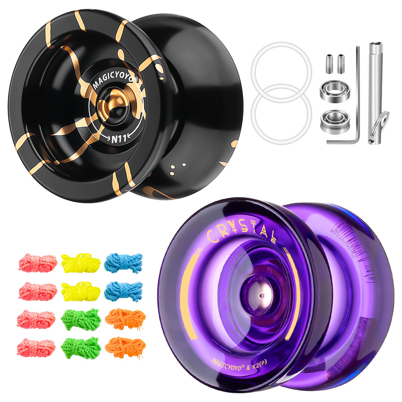 YOSTAR Yoyos Pack, plastica Responsive JoJo K2 cristallo viola, metallo Unresponsive JoJo N11 nero oro, Dual Purpose Yoyo per bambini principianti, Trick Yo yo con cuscinetti lisci