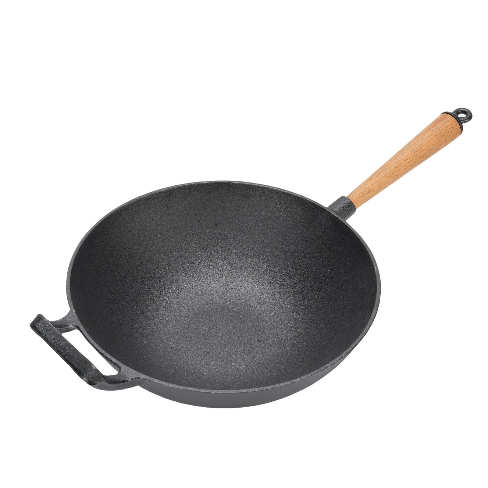 Żeliwna Patelnia Wok Trwała Patelnia do Smażenia z Drewnianym Uchwytem do Kuchenki Gazowej i Grilla na świeżym Powietrzu