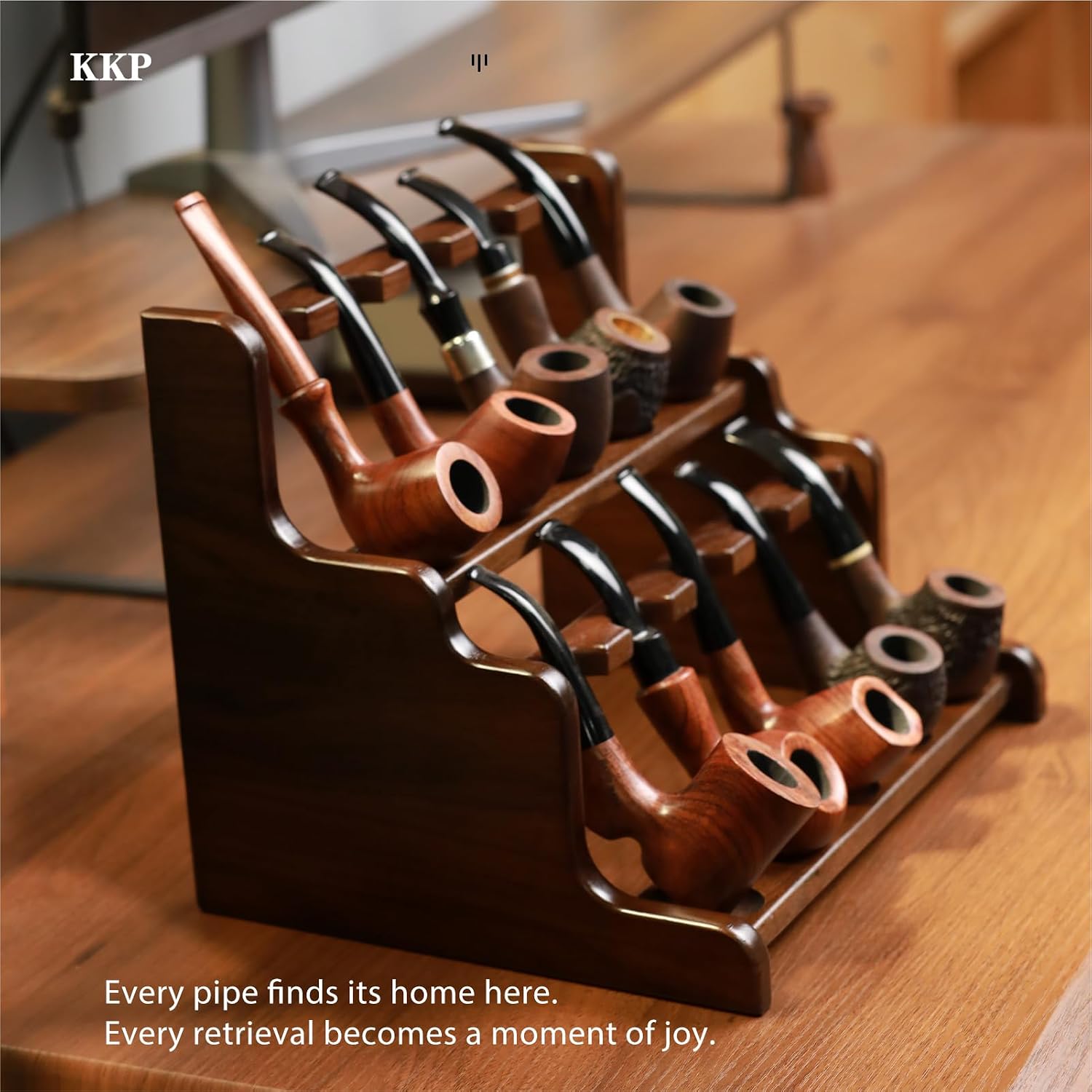 kkp Double-Decker Pipe Stand for 10 Pipes – Solid Black Walnut Wood Rack – Handmade Tobacco Pipe Display Shelf – Desktop Organizer for Smoking Pipe Lovers