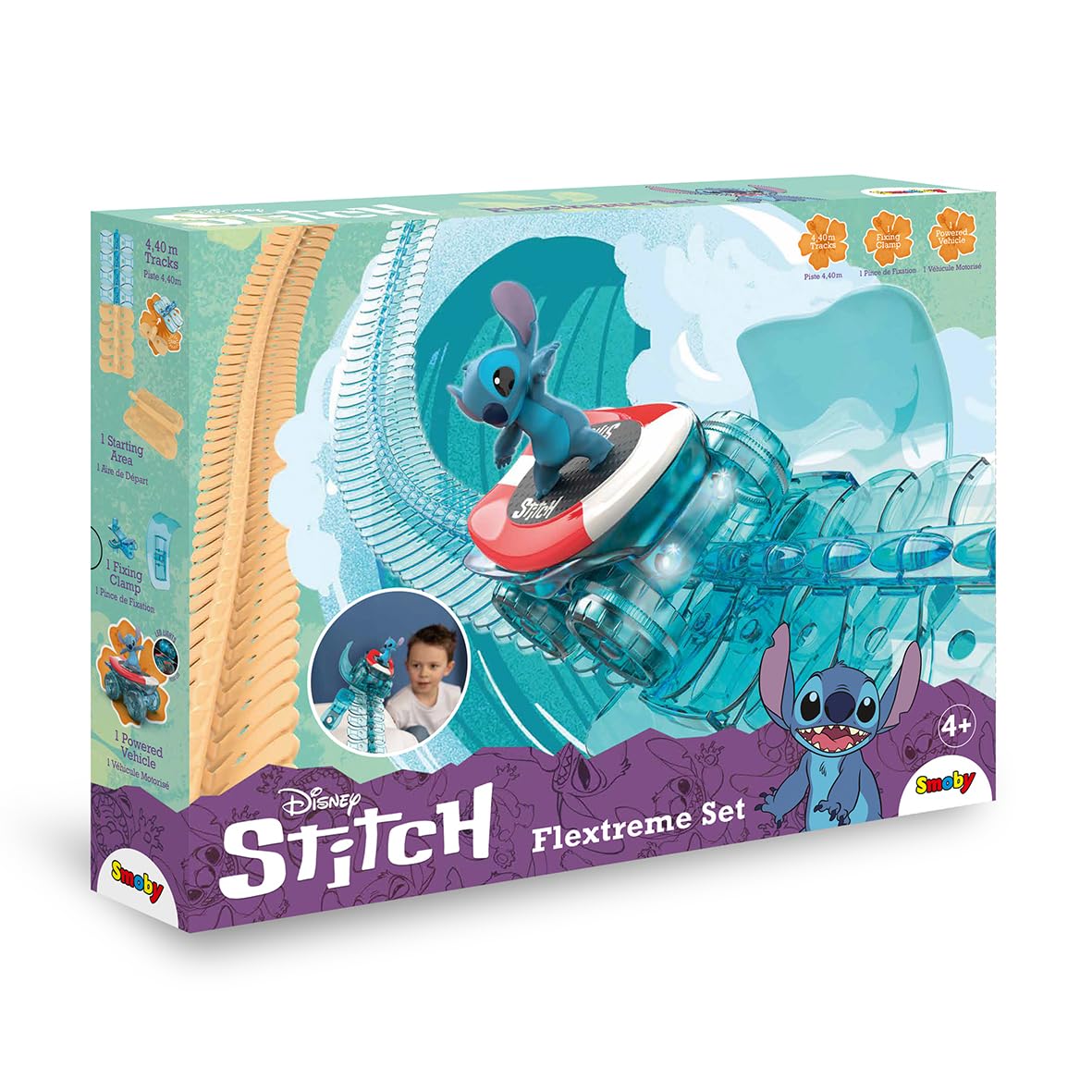 Smoby - Stitch - FleXtreme - 4m 40m Car Circuit - 184 Flexible and Modular Tracks + 1 Stitch Vehicle Light Effects - Batteries Included - Suitable for Ages 4+