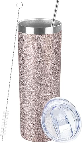 FristChoice Vaso delgado de 20 onzas con tapa y pajita, vaso de acero inoxidable aislado al vacío de doble pared, taza de café de viaje, taza