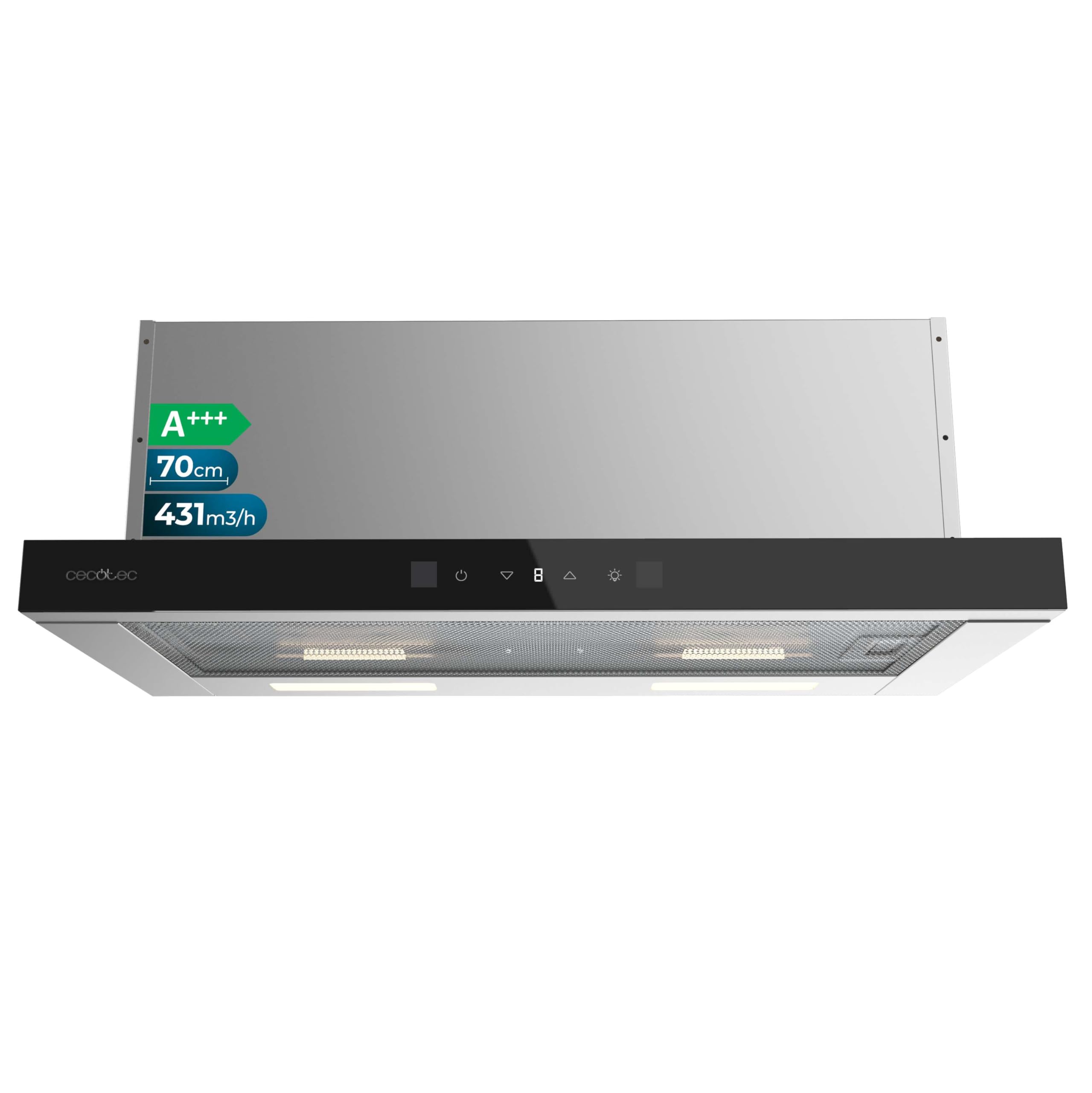 Cecotec Telescopic Cooker Hood Bolero Flux TLT 704400 Glass Black A+++. Suction 431.2m³/h, Low Consumption, DC Motor, Motion and Touch Control, Front Glass Black, Body Stainless Steel