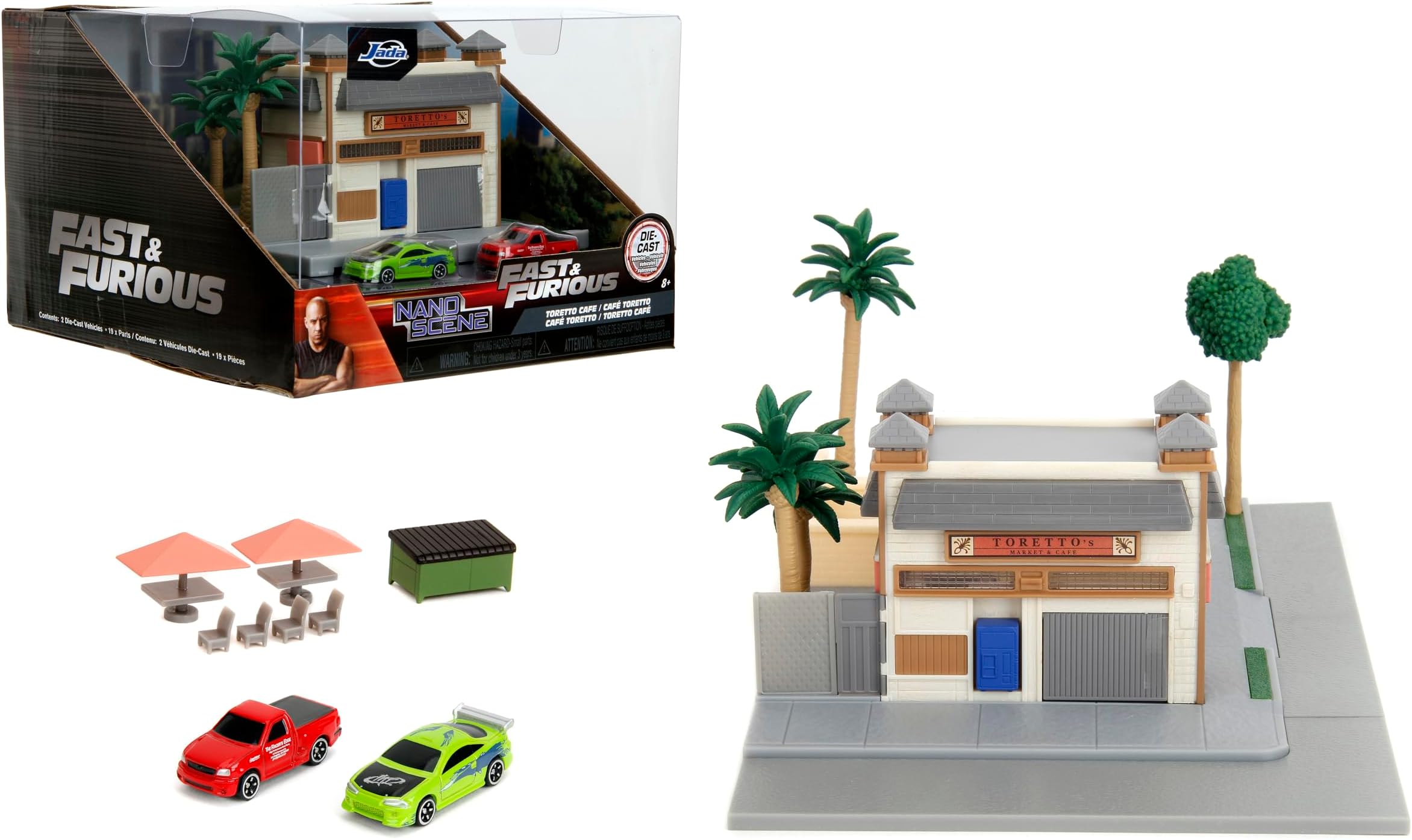Fast & Furious Toretto's Market & Cafe Nanoscene & 2 1.65" Die-cast Cars, Toys for Kids and Adults