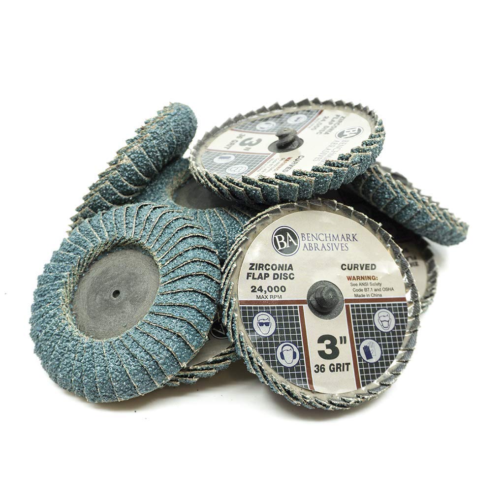Benchmark Abrasives 3" Quick Change Zirconia Flap Disc Curved Grinding Wheel w/Male R-Type Back Design - Cleaning Finishing Deburring of Irregular Surfaces - for Die Grinder & More (10 Pack) 40 Grit