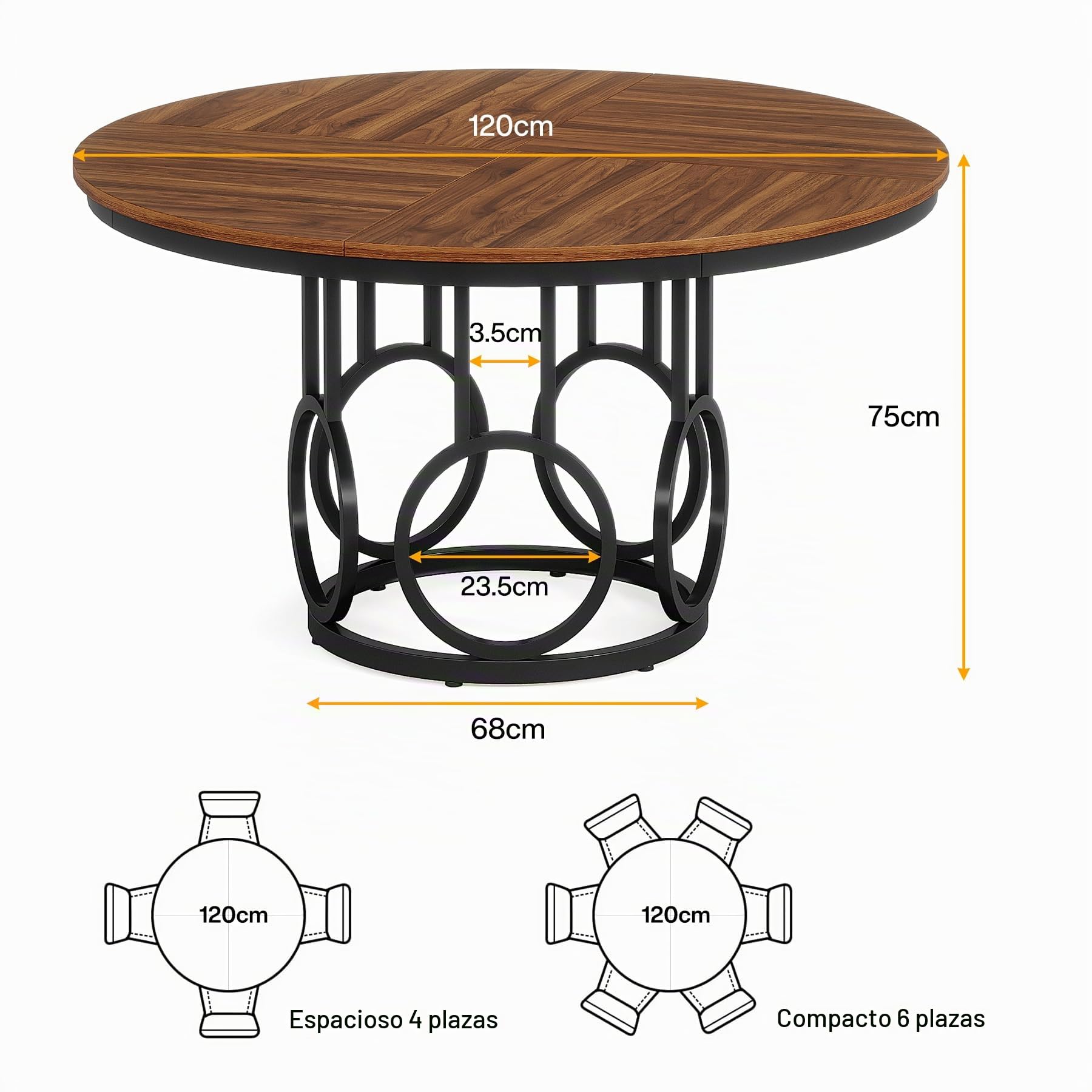 Tribesigns Mesa de comedor redonda para 4 personas, mesa de comedor rústica de 120 cm con base de metal, mesa de cocina redonda para cocina, salón, comedor (marrón)
