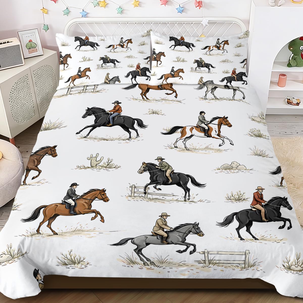 BlessLiving Equestrian Horse Bedding Set Vintage Cowboy Bedspreads England Steeplechase Horse Racing Duvet Cover Pillowcases Sets (3 Piece, King)