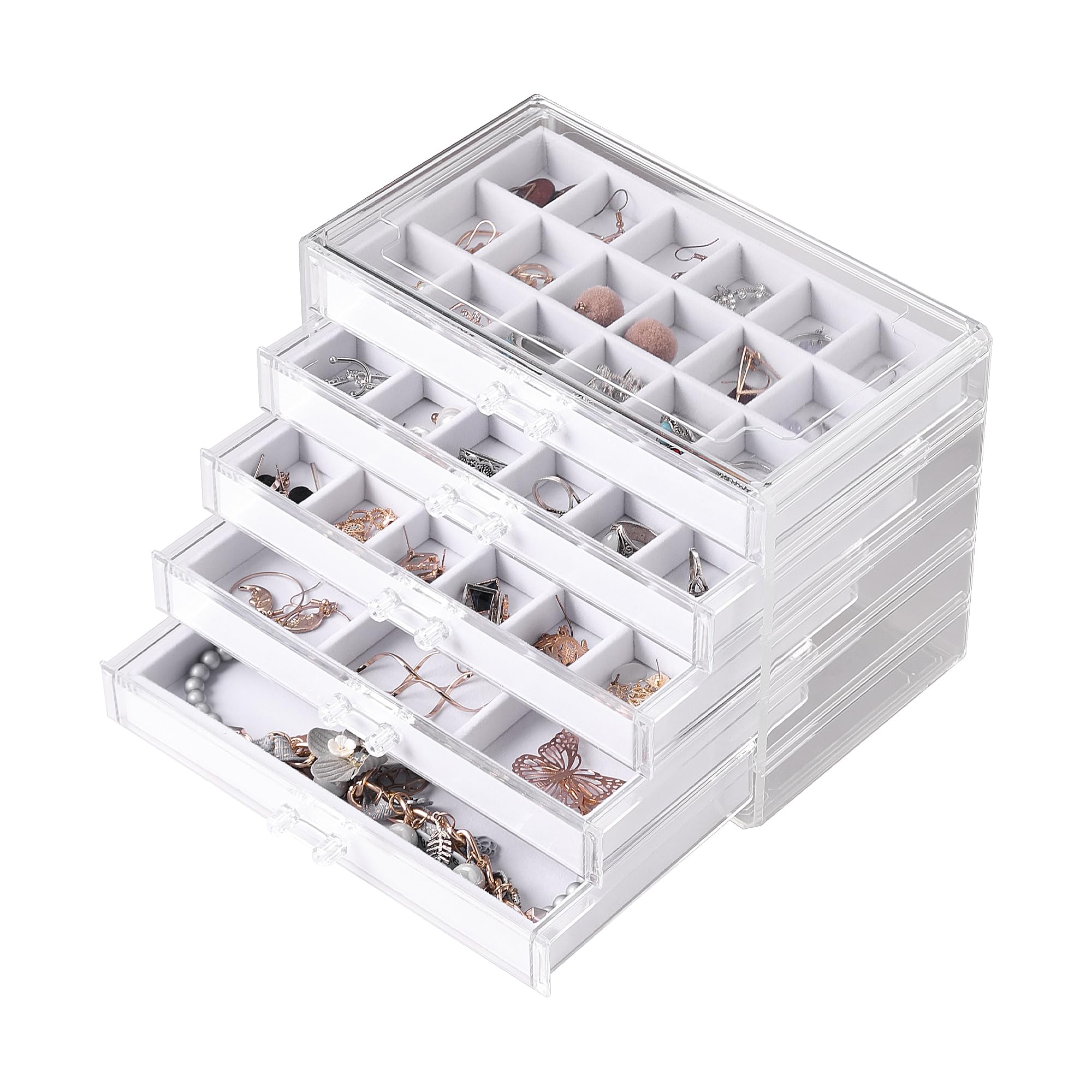 Frebeauty Acryl-Schmuck-Organizer, Ohrring-Organizer-Box mit 5 Schubladen, Organizer mit Samtablagen, transparente Schmuckschatulle für Damen, Ohrring-Display für Ringe, Ohrstecker (weiß)