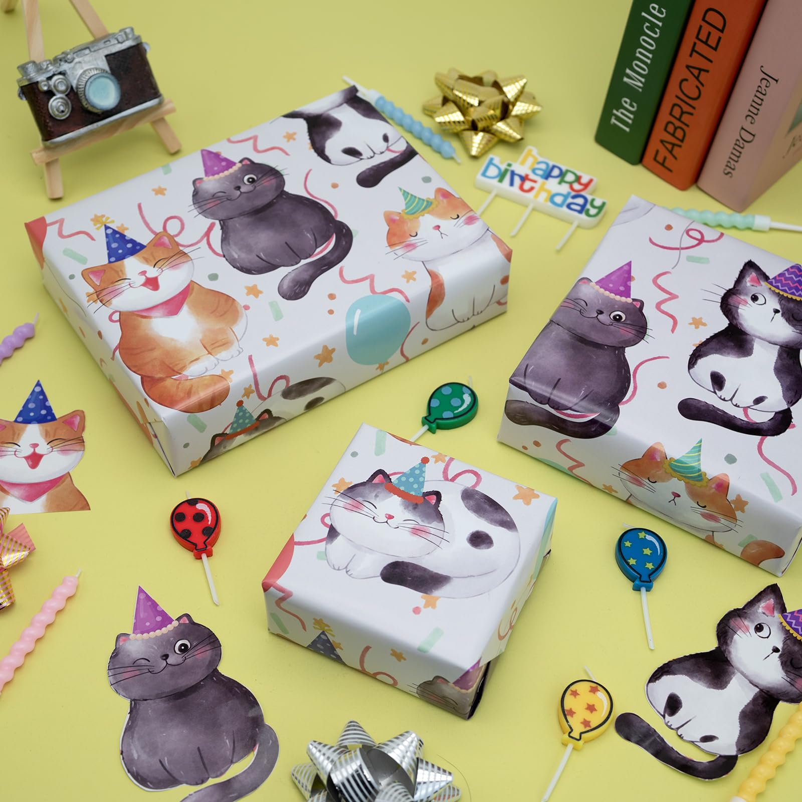 Dtiafu Papel de regalo de cumpleaños de gato, feliz cumpleaños, divertido envoltorio para niñas, niños, mujeres, cumpleaños, baby shower, vacaciones, 20 x 28 pulgadas por hojas (6 hojas)