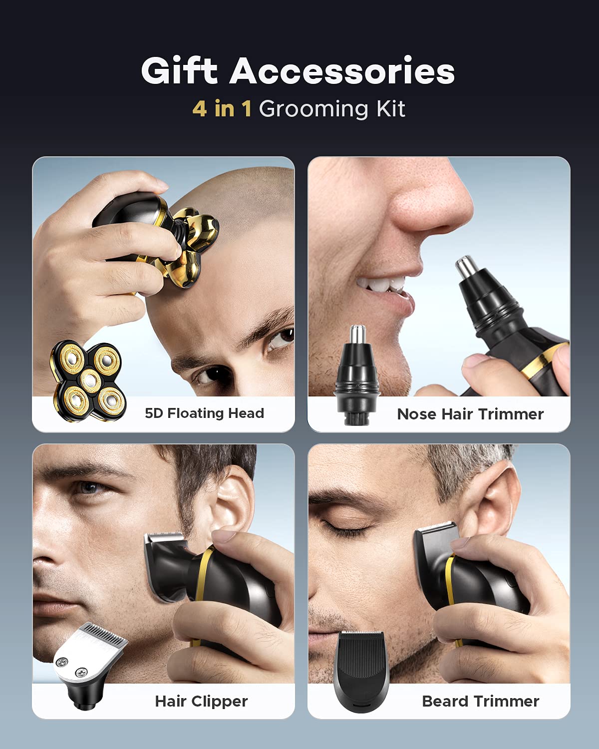 Head Shavers for Bald Men, Waterproof Electric Razor, Wet and Dry Electric Shaver Kit, 5D Bald Head Shaver with LED Display Grooming Kits (Gold)