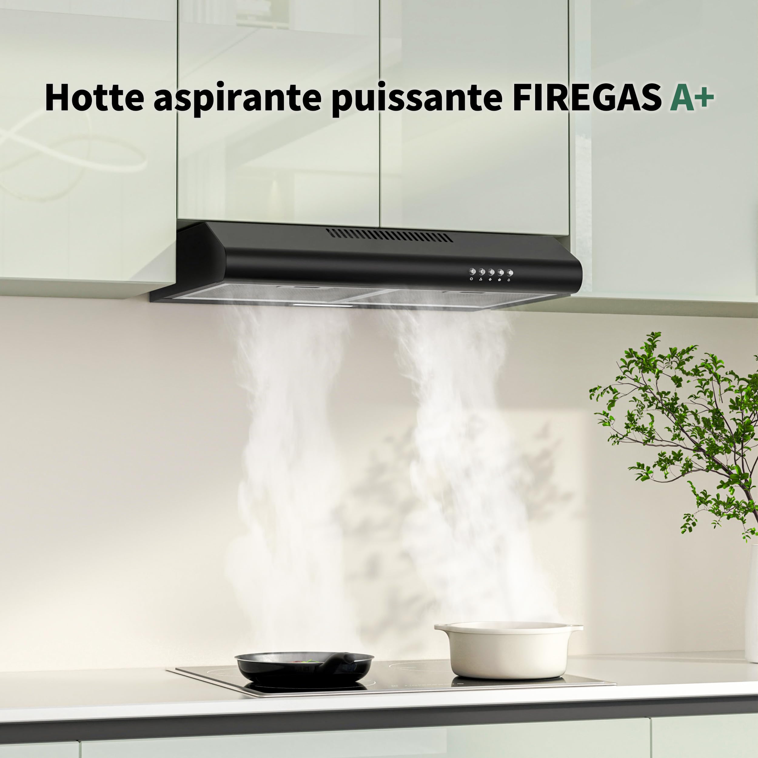 FIREGAS Hotte Aspirante 60 cm Noire – Moteur Sans Balais, 250 m³/h, 3 Vitesses, Classe Énergétique A+, Faible Niveau Sonore, Installation Murale ou Sous Meuble
