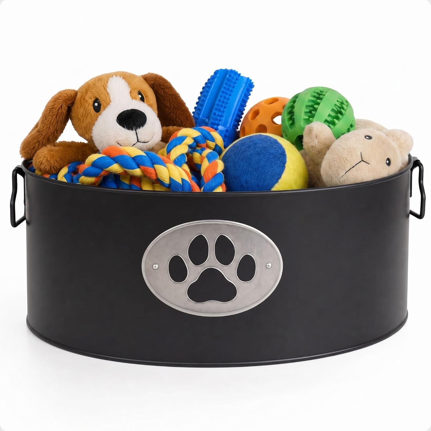 Indestructible Metal Dog Toy Bin with Swivel Handles, 16"W x 10"D x 7"H