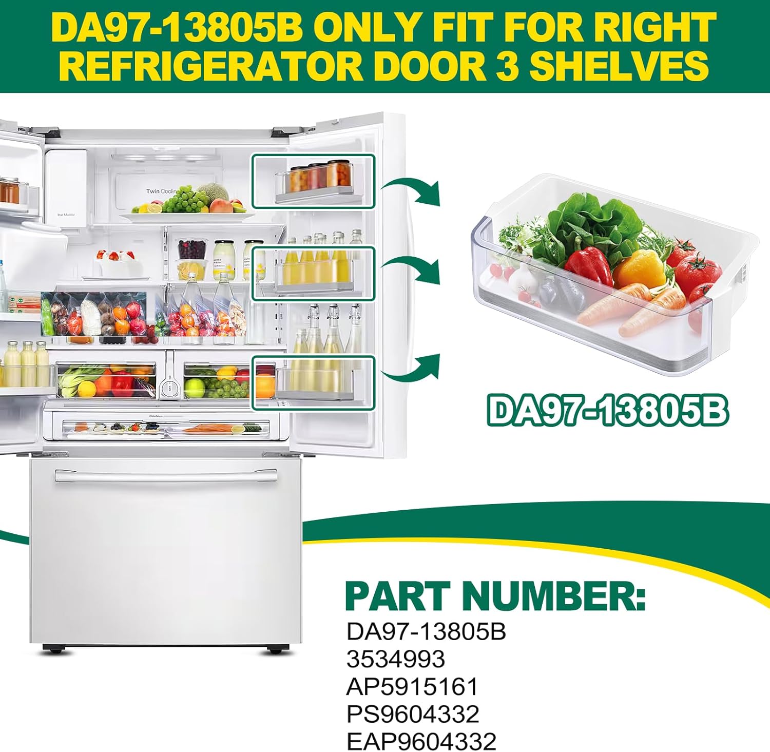 [2 PACK]Upgraded DA97-13805B Refrigerator Door Bin Shelf Replacement, Compatible with Samsung Refrigerator Right Door Shelf Parts RF28HFEDBSR RF28HFEDTWW RF28HFEDBWW PS9604332 Right Door Bin Shelves