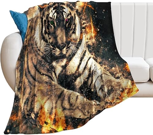 Tiger with Fire Flannel Fleece Throw Blanket Soft Warm Lightweight Fuzzy Plush Blankets for Bed Couch Sofa 60x80