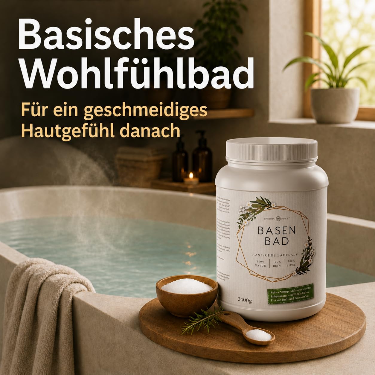 Basen-Bad von Nordic Pure 2400g | Basischer Badezusatz Made in Germany | Basisches Wellness-Badesalz Perfekt für ein Vollbad, Sitzbad, Fußbad oder Handbad