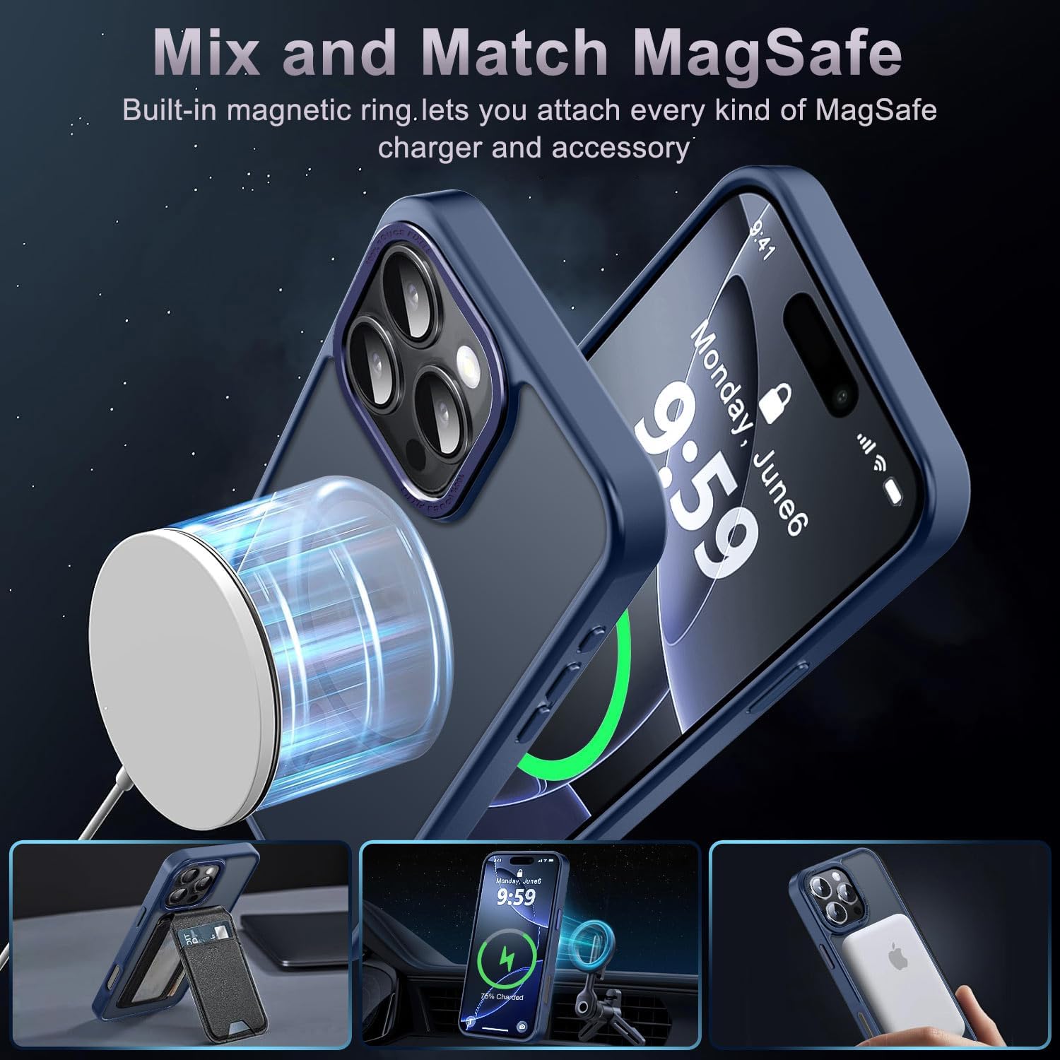 Newfuture Designed for iPhone 16 Pro Case with Magnetic [13 FT Military Drop Protection] [Compatible with Magsafe] Slim Translucent Matte Shockproof with Anti-Fingerprint Phone Case,Navy Blue - Image 2