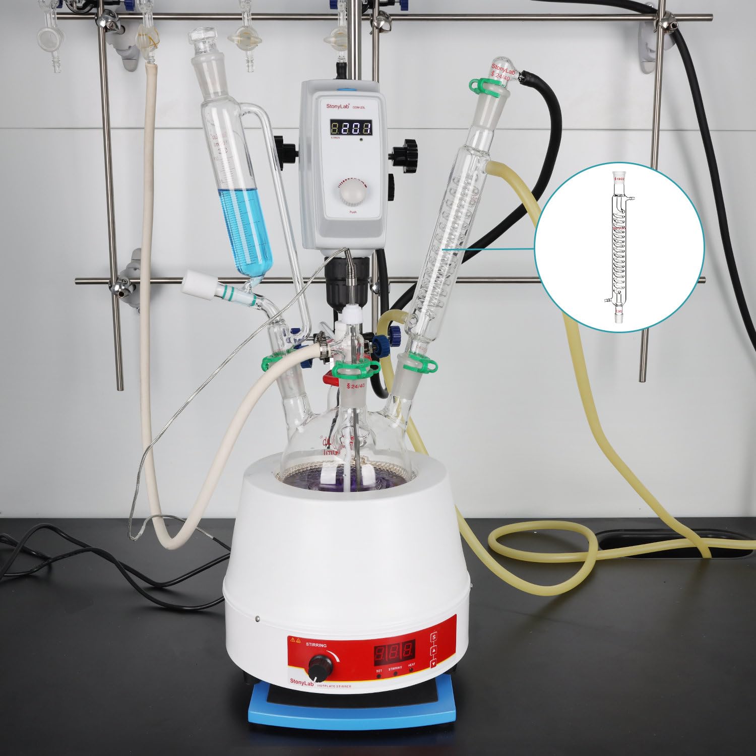 stonylab Condenseur de Graham en Verre Borosilicaté avec Joint 19/22, Longueur de Chemise de 300 mm, Condenseur en Verre de Laboratoire