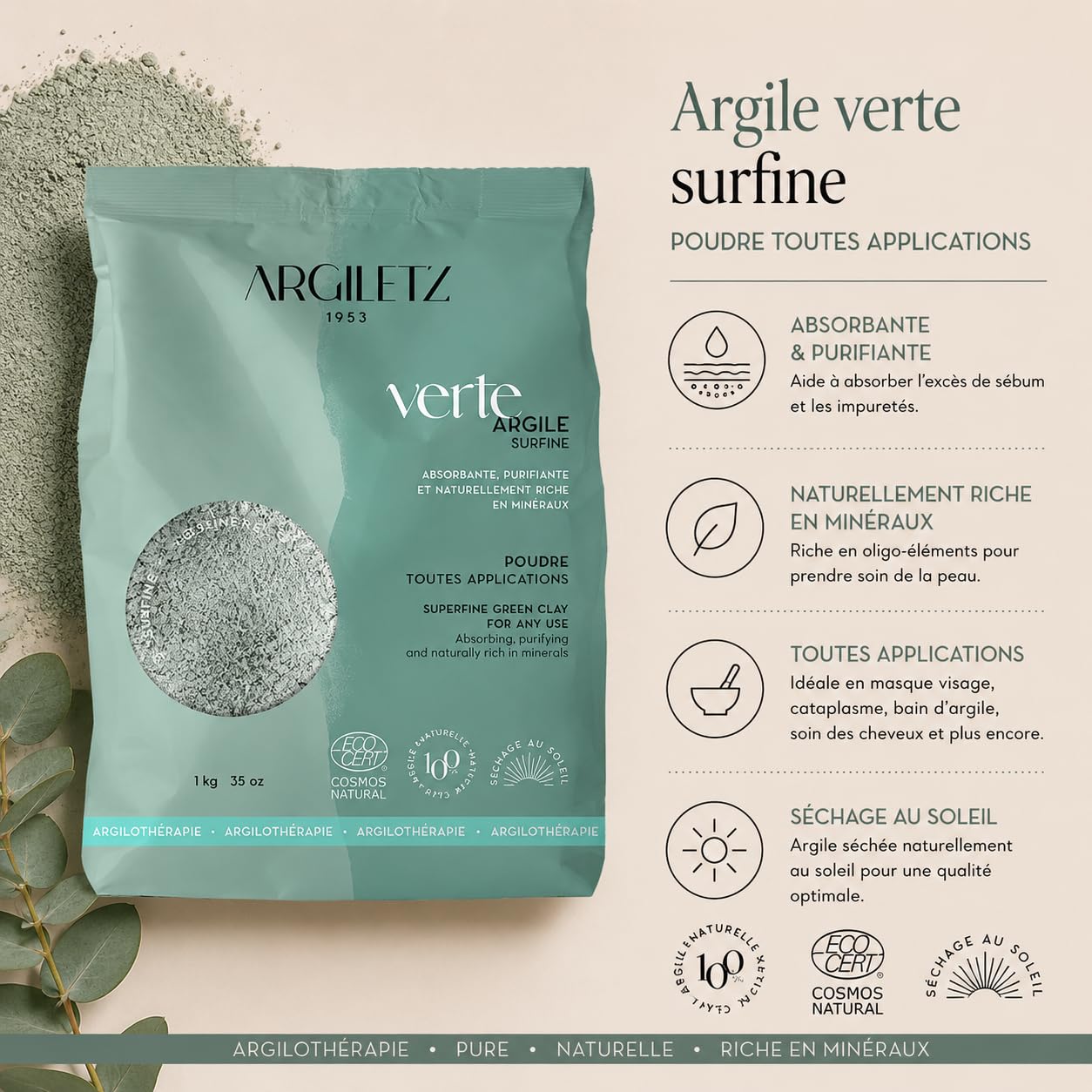 Argiletz - Argile Verte Surfine 1kg – Poudre Très Fine 60 Microns – Soin Masque Visage, Bain – Sensation Peau Douce - Argile Naturelle Séchée Au Soleil – Soin Externe - Certifiée Cosmos Natural