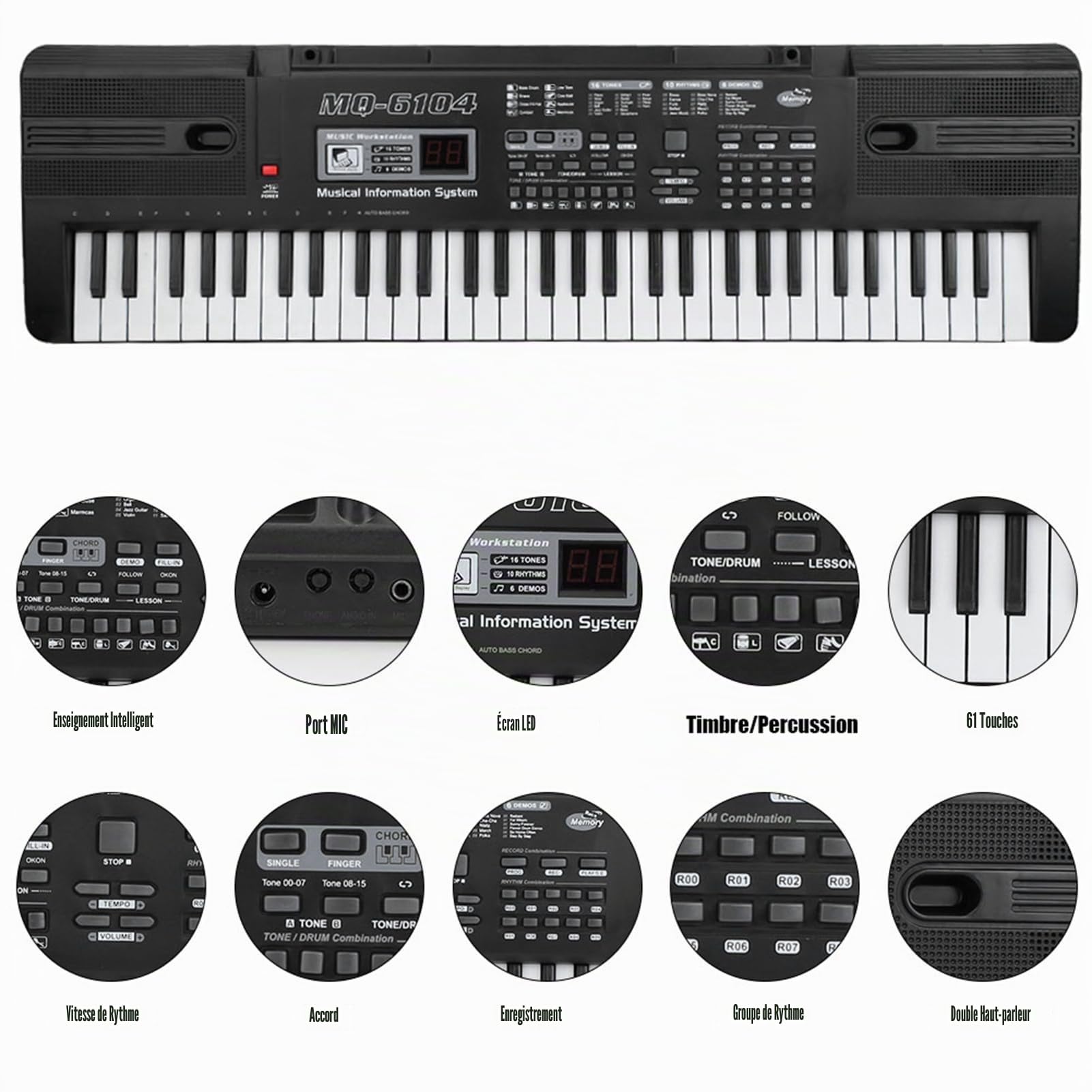 Wakects Piano Numérique Portable Avec Pupitre, Clavier de Piano Rechargeable, Clavier de Piano à 61 Touches, 16 Sons, 8 Effets Sonores, 10 Rythmes, 6 Démos, Rythme et Volume Réglables
