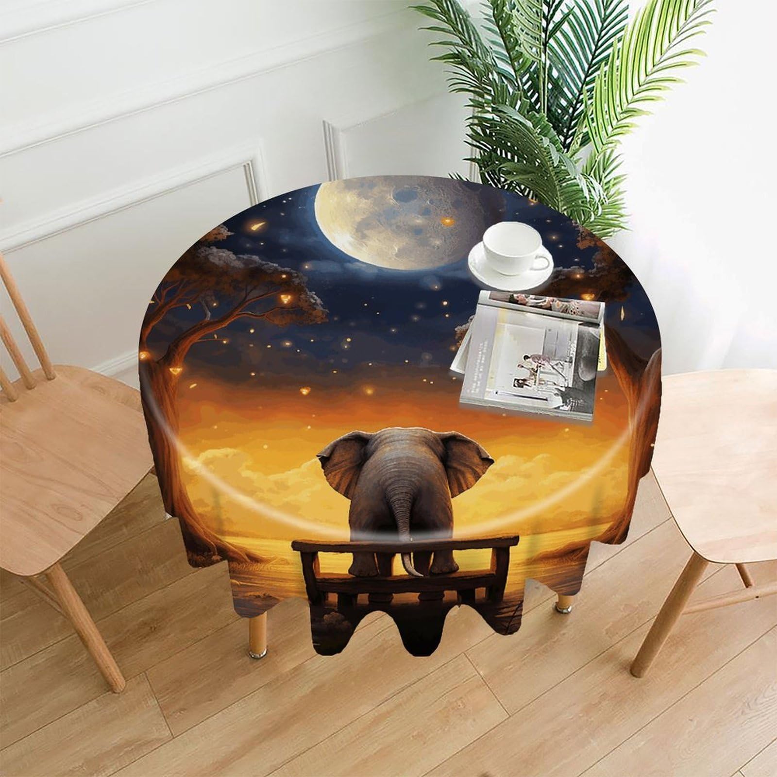 FekiLoot Animal Elephant Owl Tree Moon Star Round Tablecloth Cover 60 Inch Wrinkle Free Washable Polyester Fabric Table Cover Decorative Round Table Cloth for Home Dining Kitchen Party Farmhouse