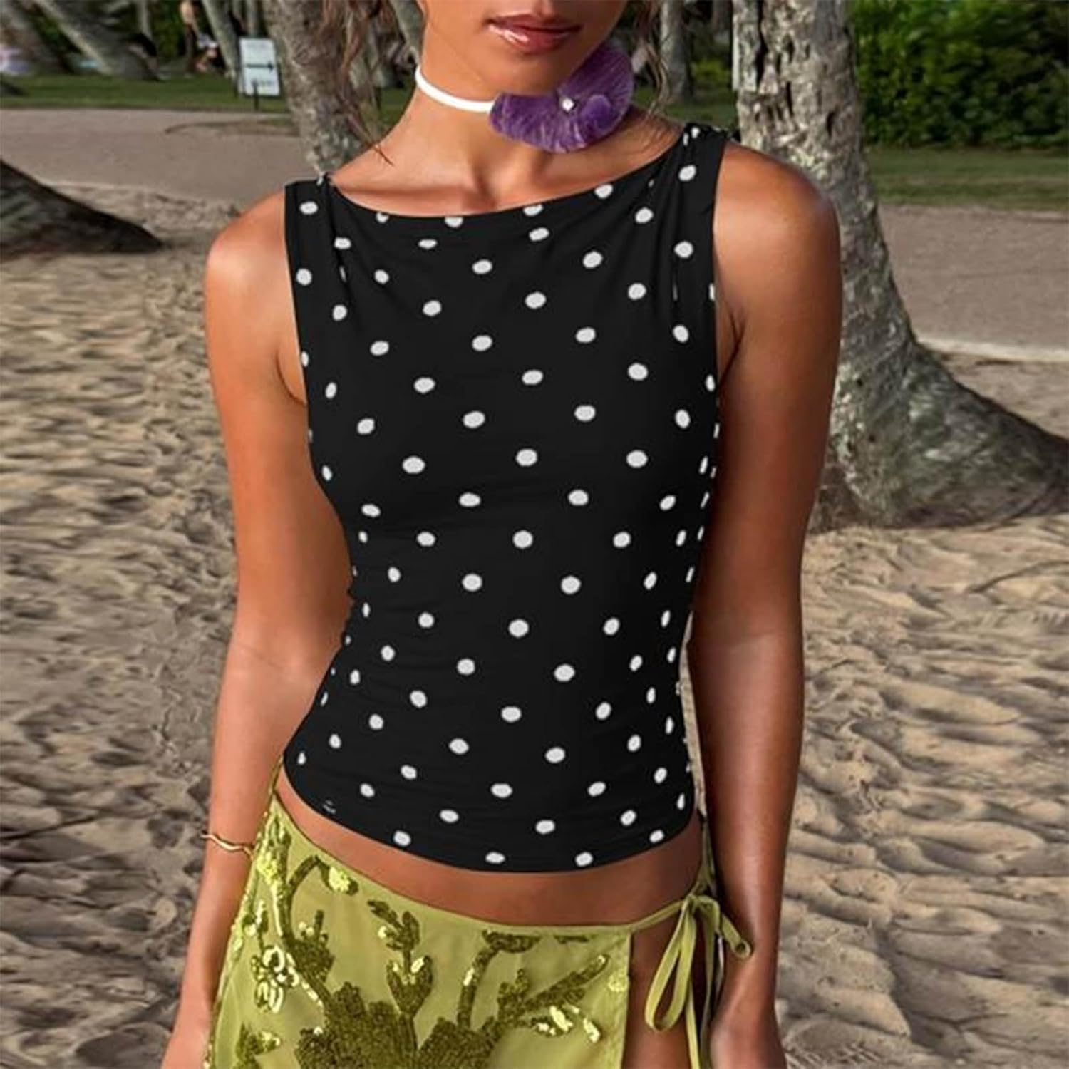 Women Vintage Polka Dot Tank Top Y2K Crop Top Slim Fit Vest Going Out Top - Image 4