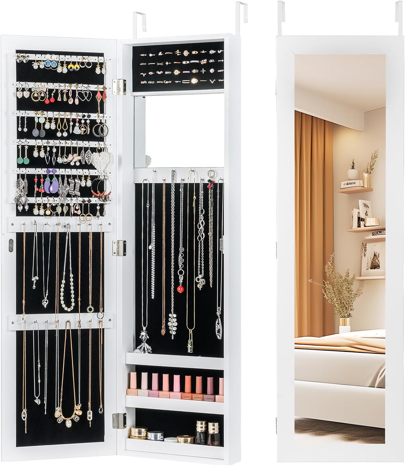 COSTWAY Full Length Mirror Jewelry Cabinet - Wall/Door Mounted Armoire w/ Makeup Mirror, Ring Slots, Necklace Hooks, Large Storage (White)