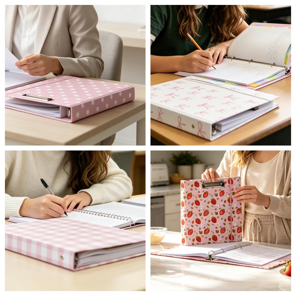 Carpeta de 3 anillas con portapapeles, diseño de cuadrícula rosa y blanca, incluye divisores, bolsa de archivos y etiqueta de lomo, ideal para estudiantes y profesionales