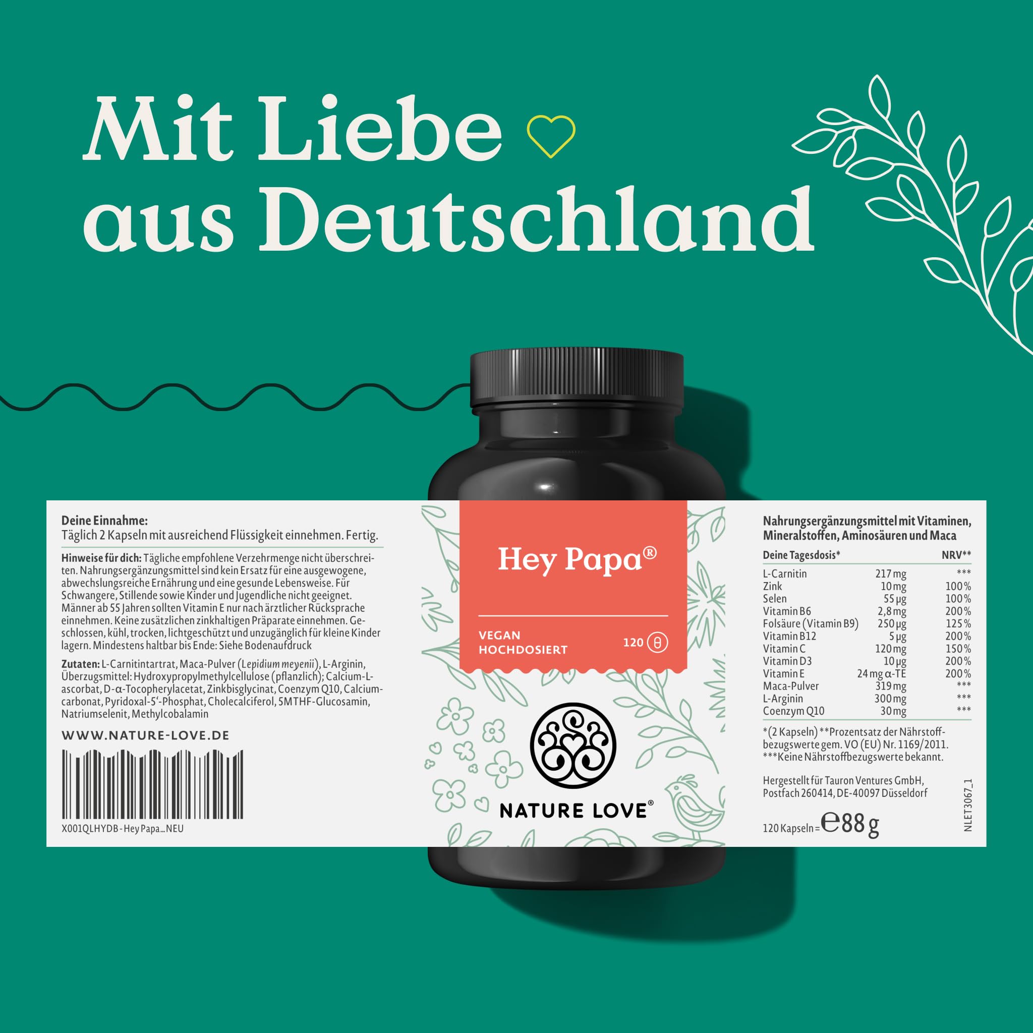 Nature Love Hey Papa - 120 Kapseln - 12 Inhaltsstoffe: Folsäure, Maca, Selen, Zink, L-Arginin, L-Carnitin, Q10, Vitamin C, B6, B12, D3 und E - vegan und laborgeprüft