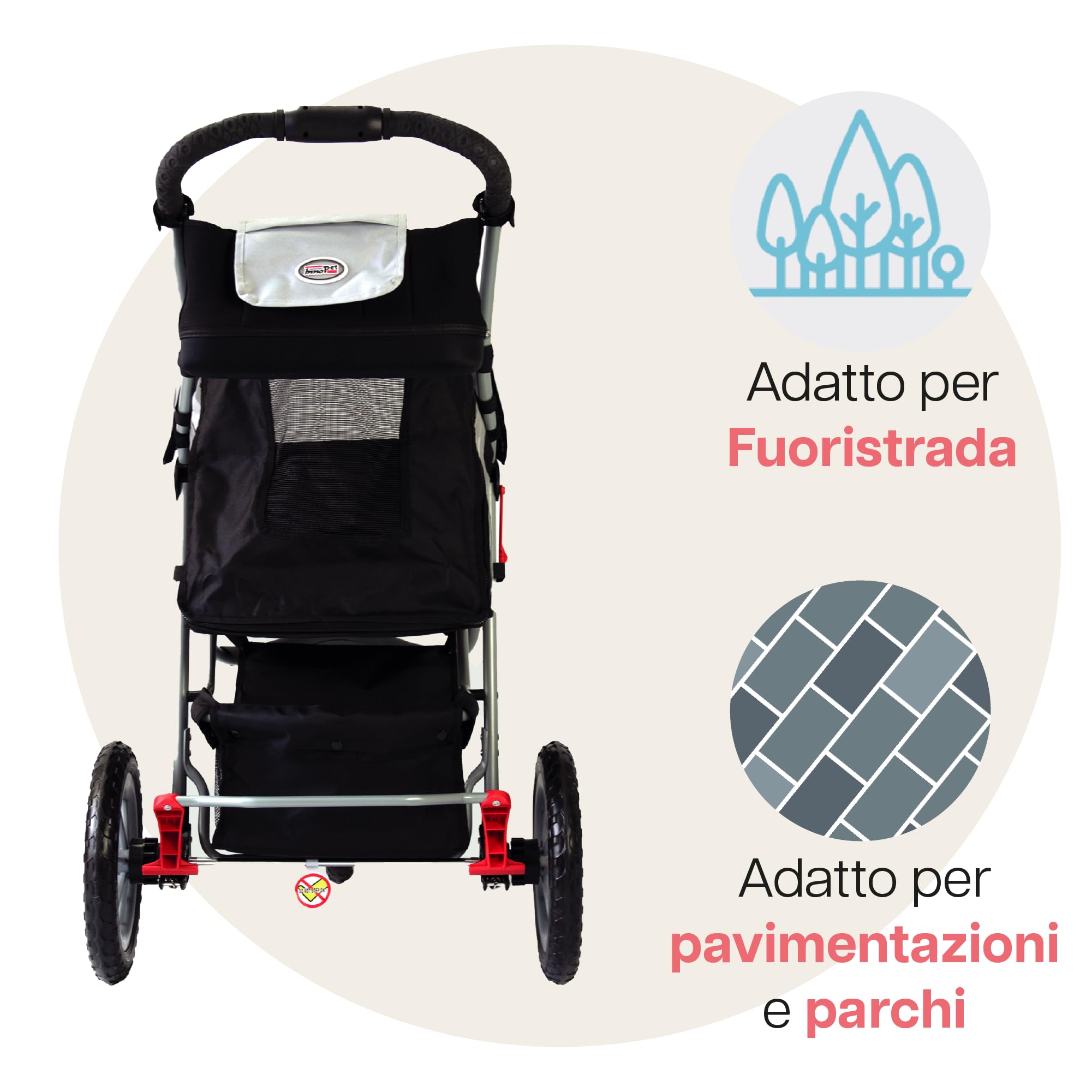 Innopet Comfort Efa Eco Nero/Argento - Passeggino per cani e gatti pieghevole con una sola mano, ruote antiforatura, capacità di 25 kg - Cestello portaoggetti e design a 3 ruote facile da installare