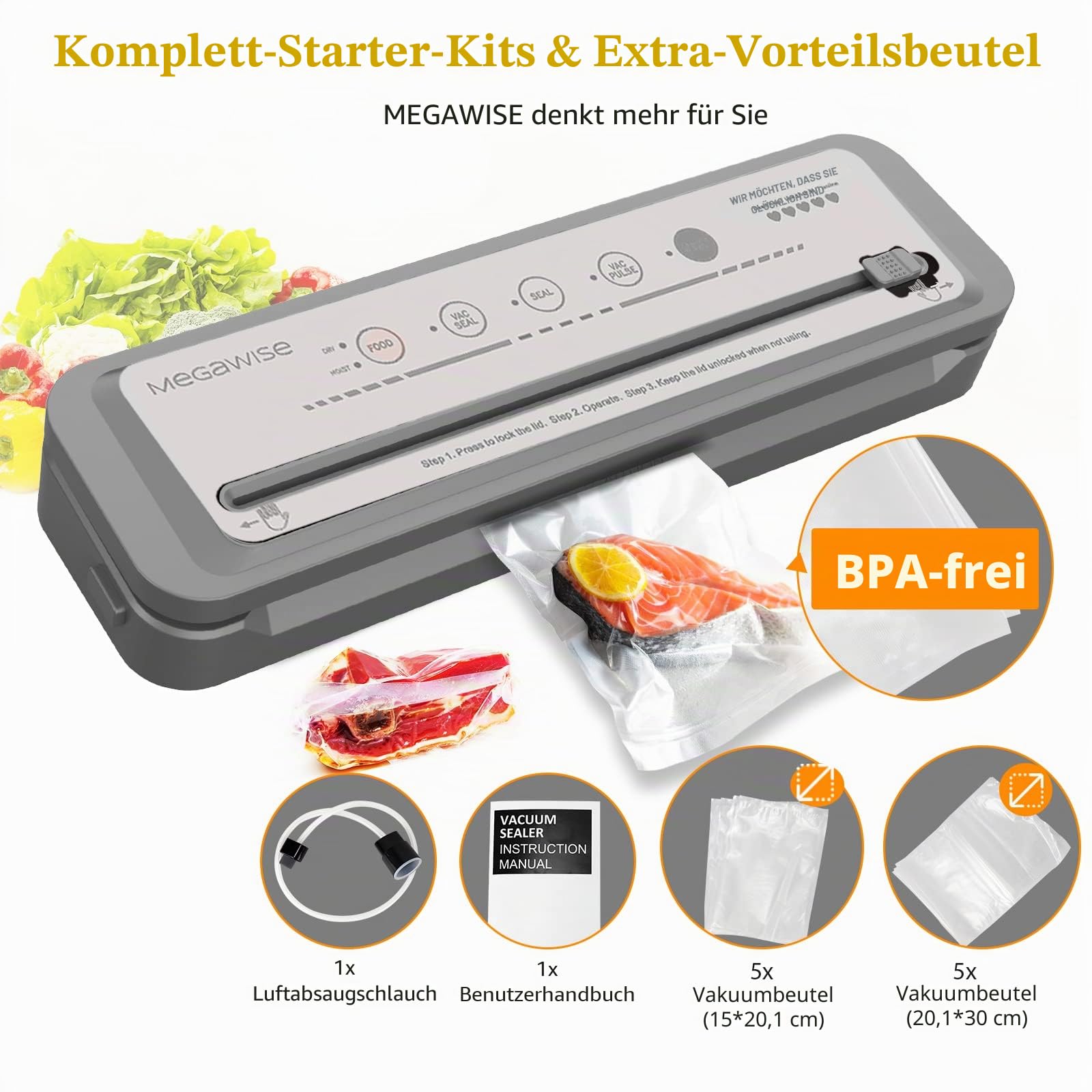 MegaWise Vakuumiergerät 80 kPa Saugleistung integrierter Schneider Ein-Tasten-Bedienung 10 BPA-freie Beutel Trocken- und Feuchtmodus