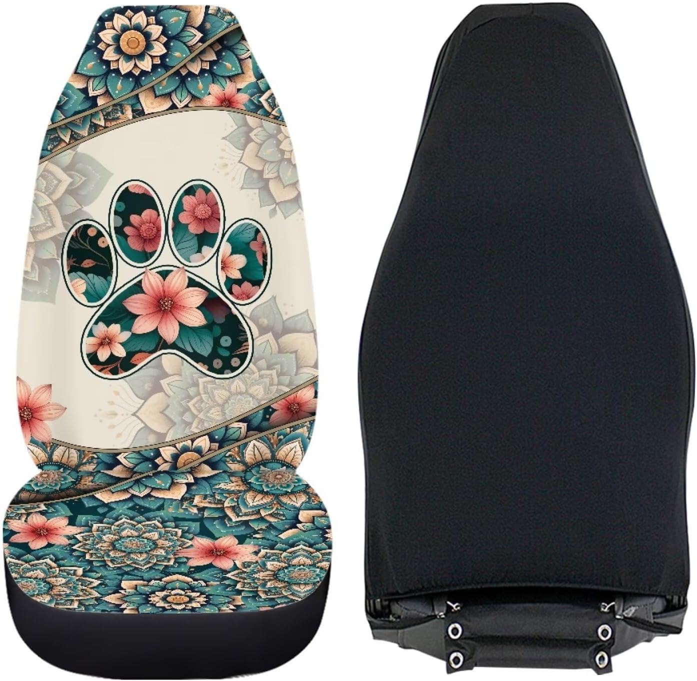 Cute Dog Paw Car Seat Covers for Women, Boho Flowers Auto Front Seats Cushion Fits for Car, SUV, Sedan, Truck