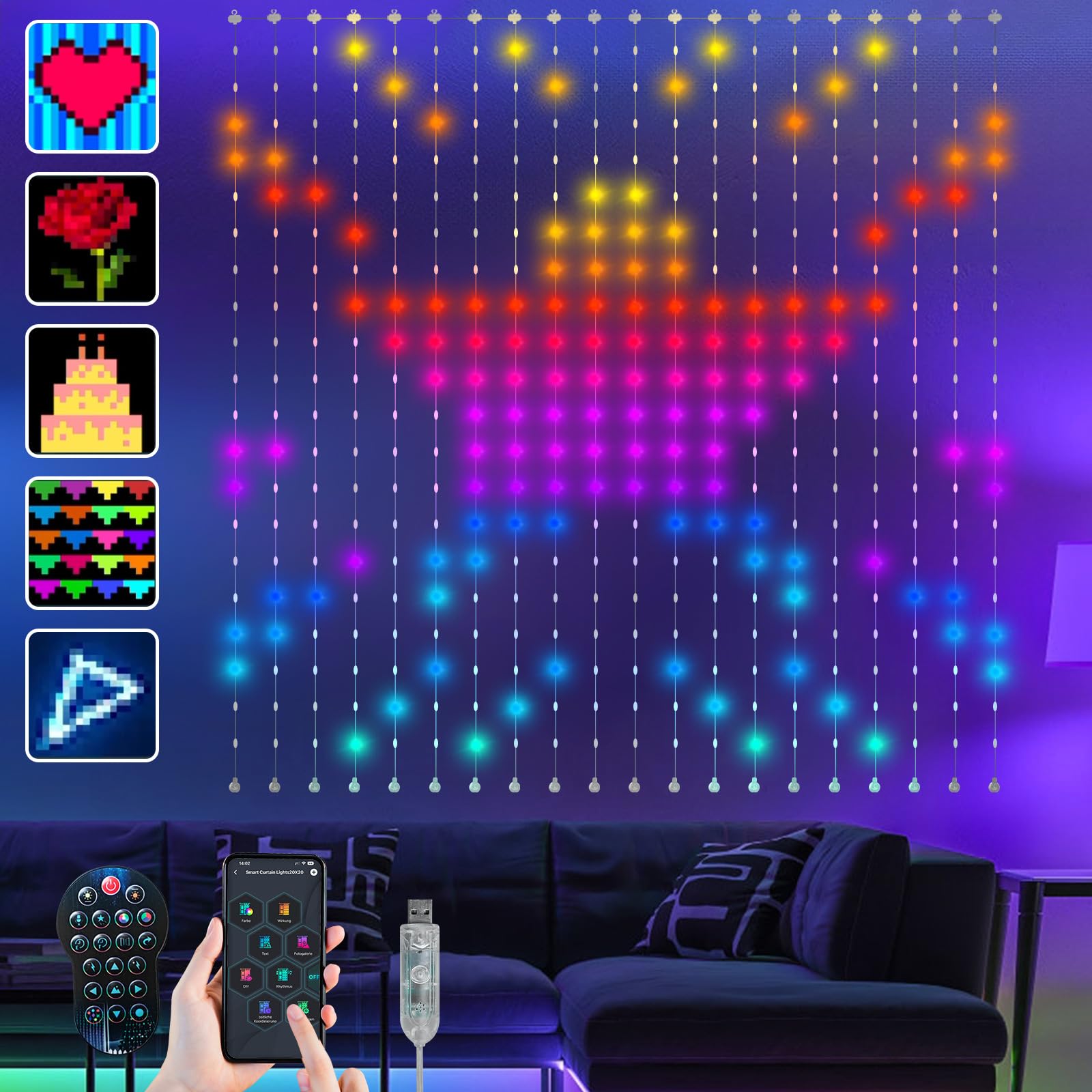 Ciskotu Curtain Lights, 86+ modes LED Rideau Lumineux intelligents, motif dynamique avec 400 LEDs, étanche IP65, Bande LED pour Chambre Coucher, décoration de Noël (2 x 2 m)