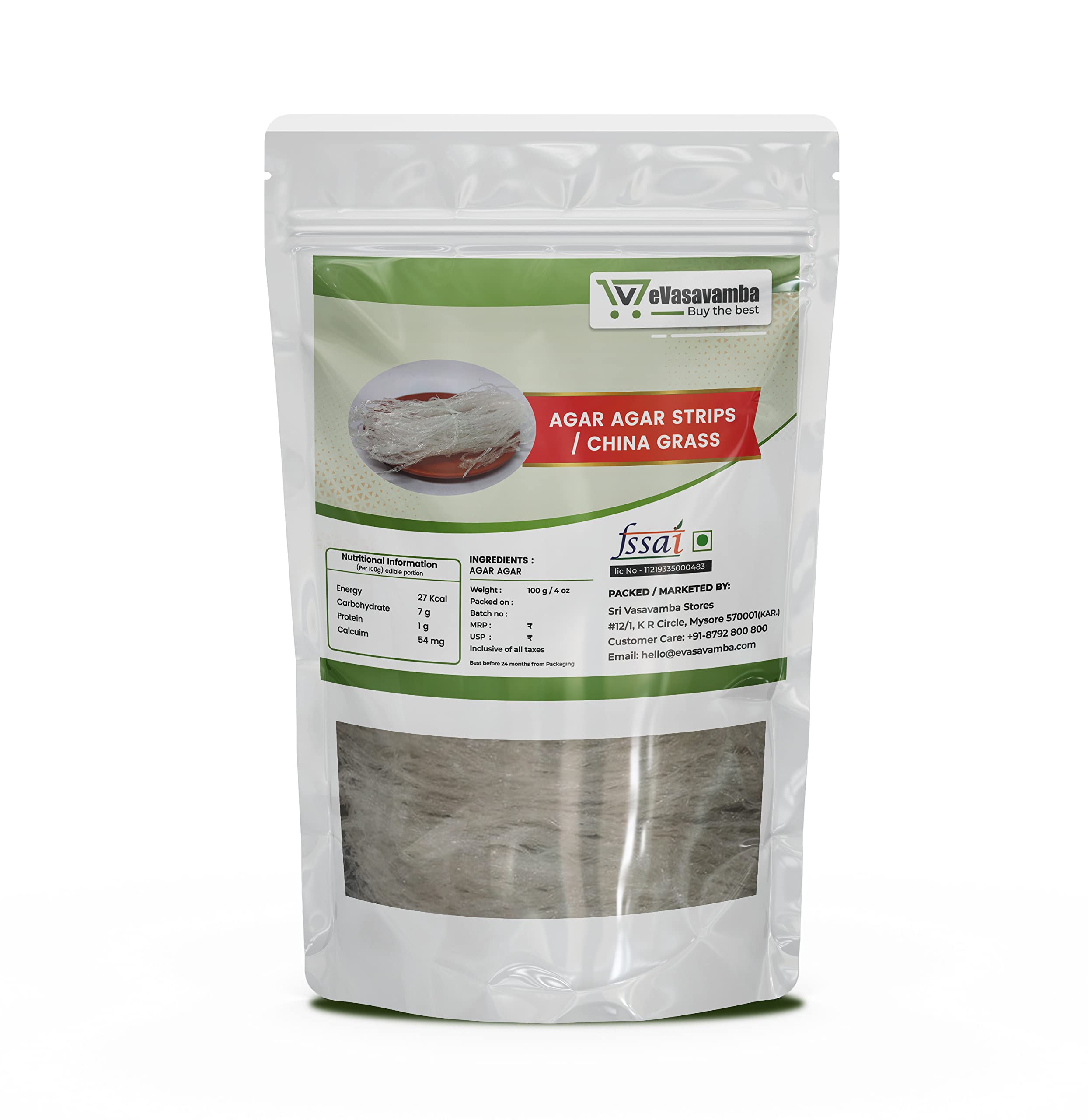 eVasavamba., Agar Agar Food Grade Strips | China Grass | Kanten | Sea Weed Extract | Jelly Maker | Halwa Grass | 100% Vegetarian | A++ Grade, 100g