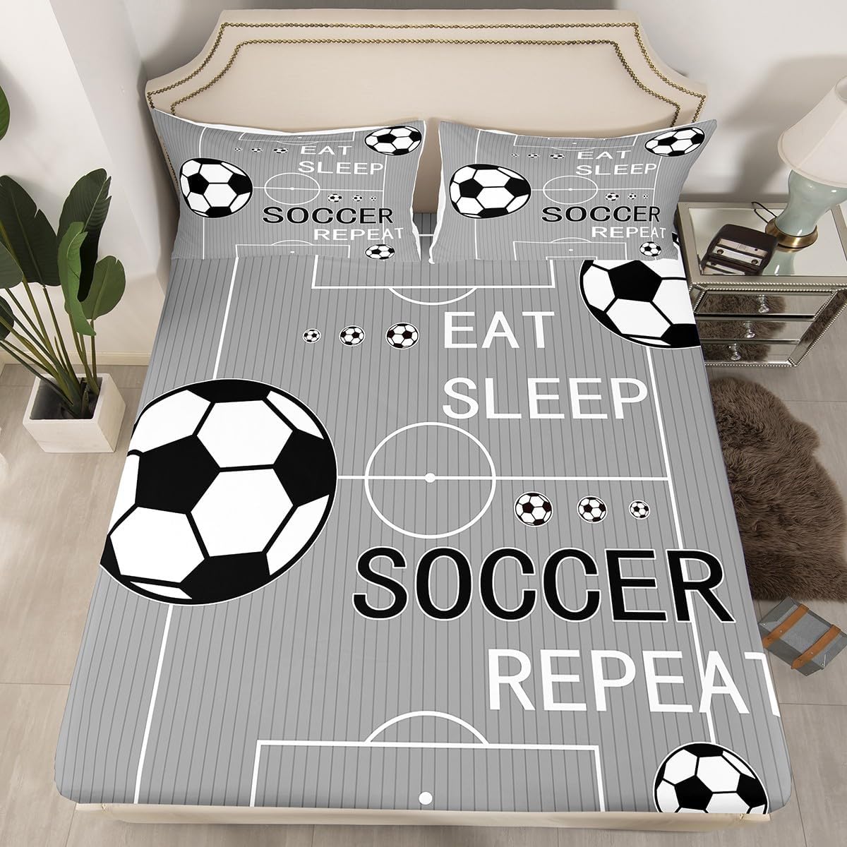 jejeloiu キッズサッカーシートセット キングサイズ フットボールシーツ 深いポケット付き ボックスシーツ 男の子 女の子 E