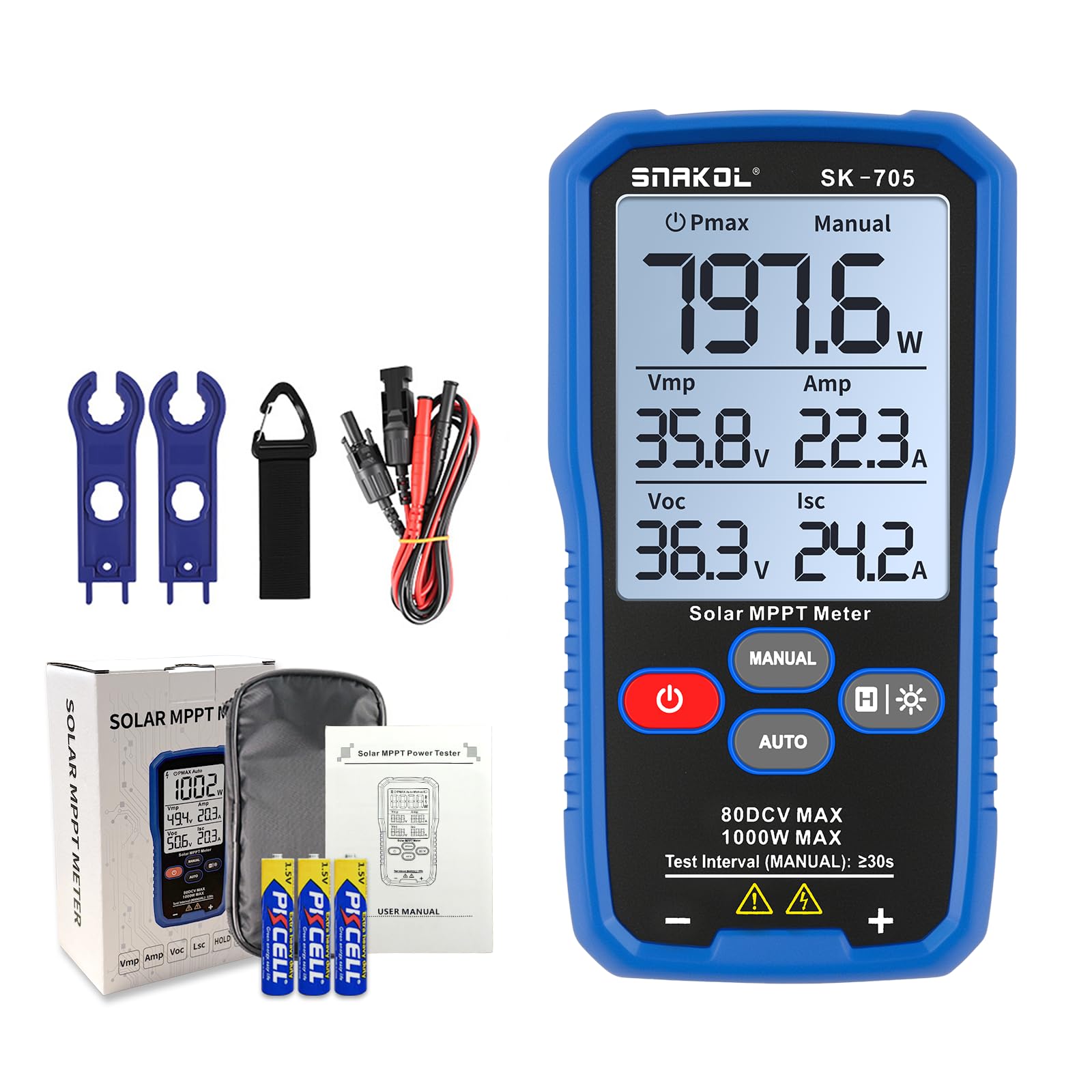 SK-705 Tester MPPT Solare per Moduli Fotovoltaici – 1000 W, Max 80 V DC, 35 A, Misurazione Automatica e Manuale, Voc Isc Vmp Pmax, Display LCD da 3,2", Tester FV Portatile