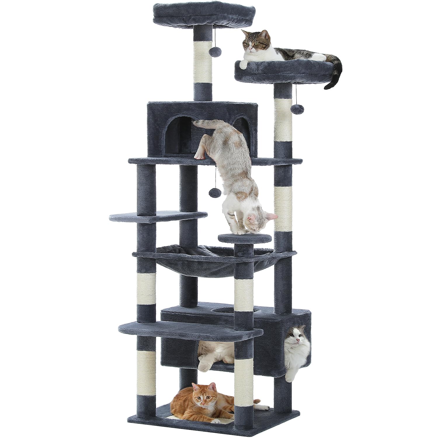 PAWZ Road Large Cat Tree, 72 Inches Cat Tower for Large Cats, Cat Condo with Sisal-Covered Scratching Posts and Pads, 2 Padded Perch, Dual Condo and Basket for Indoor Cats-Dark Gray