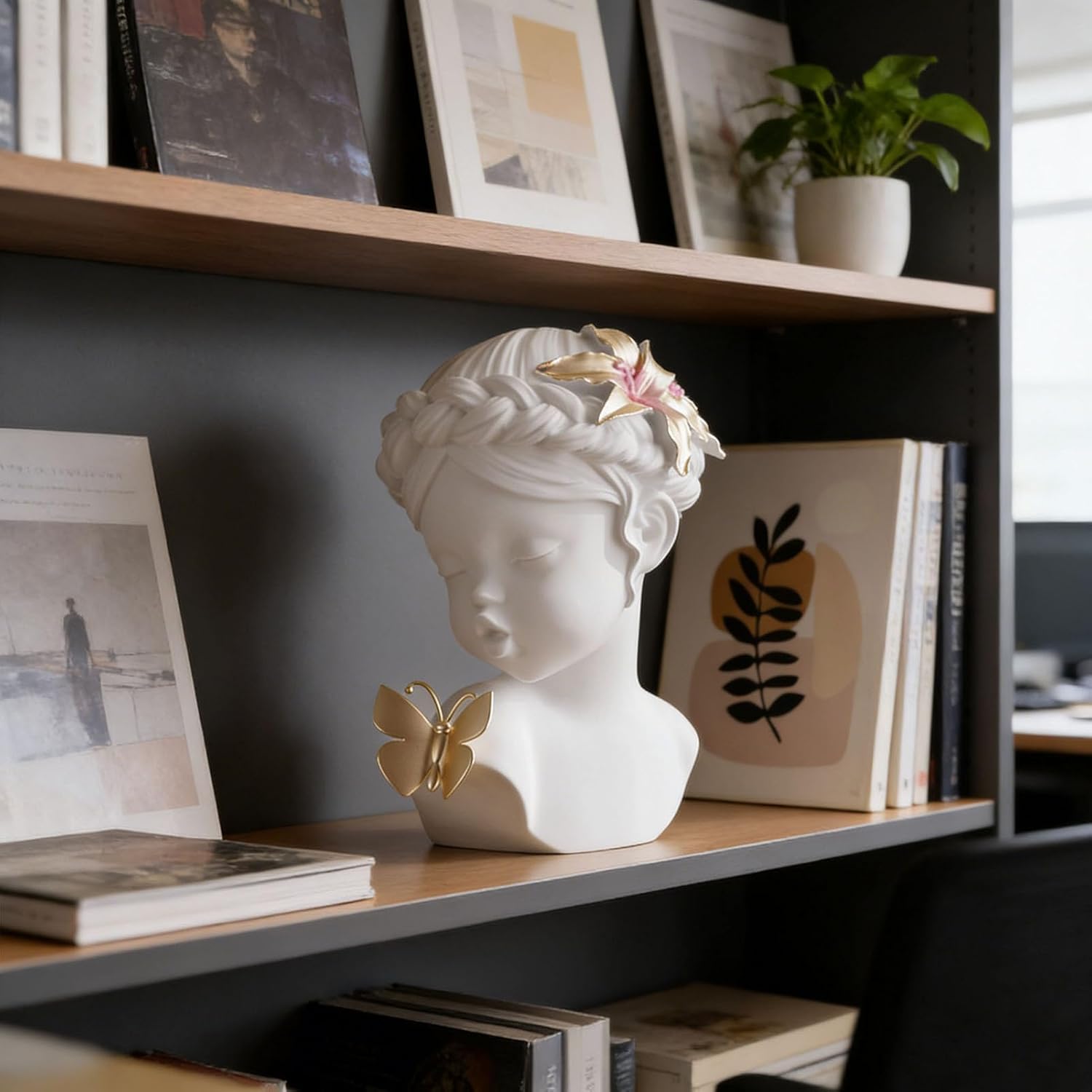 BK&MF Modern Abstract Desktop Resin Bust Sculpture, Blowing Butterfly Girl with Golden Hair Ornament Decor Art, Unique Home Decor & Gift for Her,White,17x15x24cm(7x6x9inch)