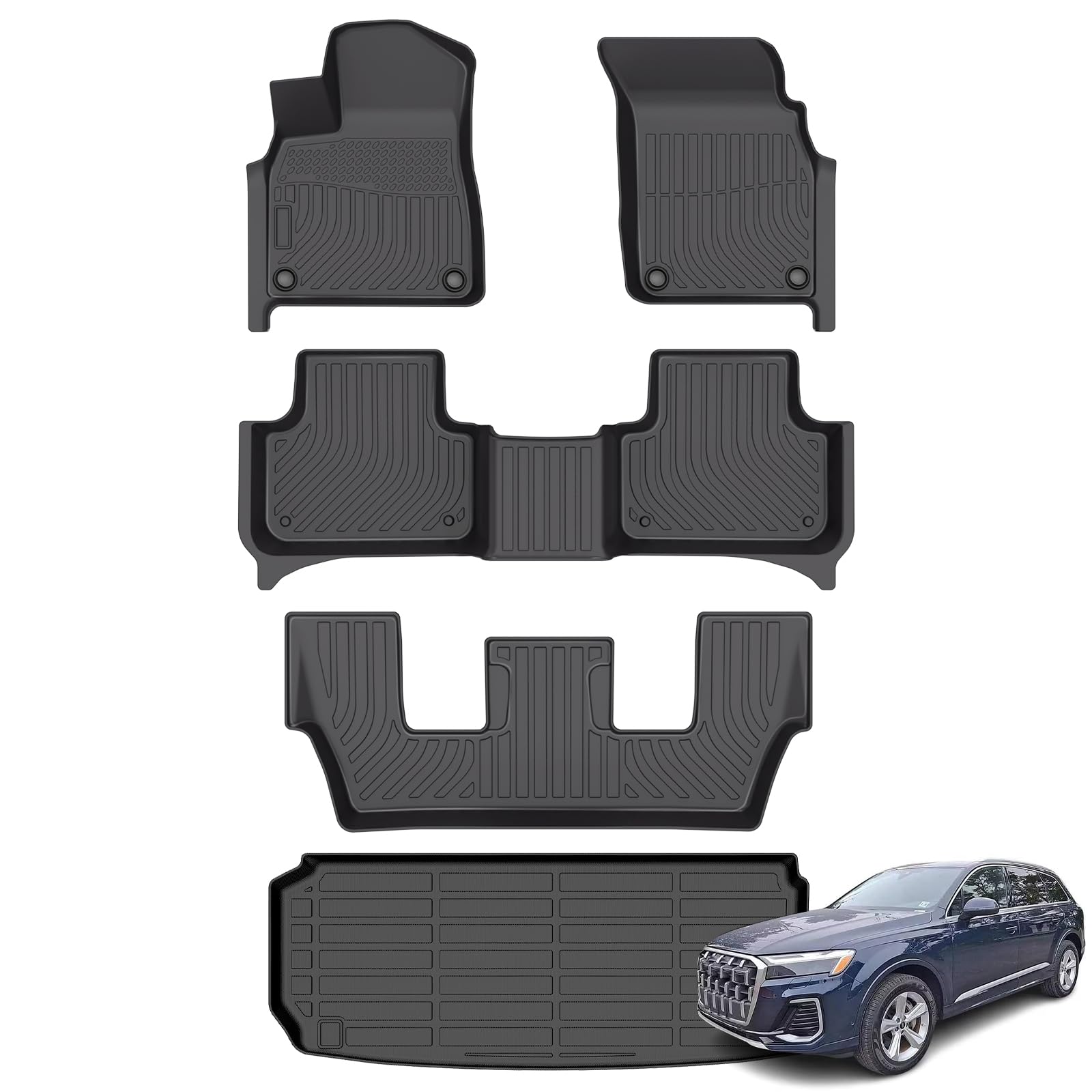 AZYT® Floor Mats &amp; Cargo Liner Set for 2020-2026 Audi Q7 &amp; SQ7 All Weather Automotive TPE Heavy Duty Floor Liners Set Anti-Slip Waterproof Accessories - Black
