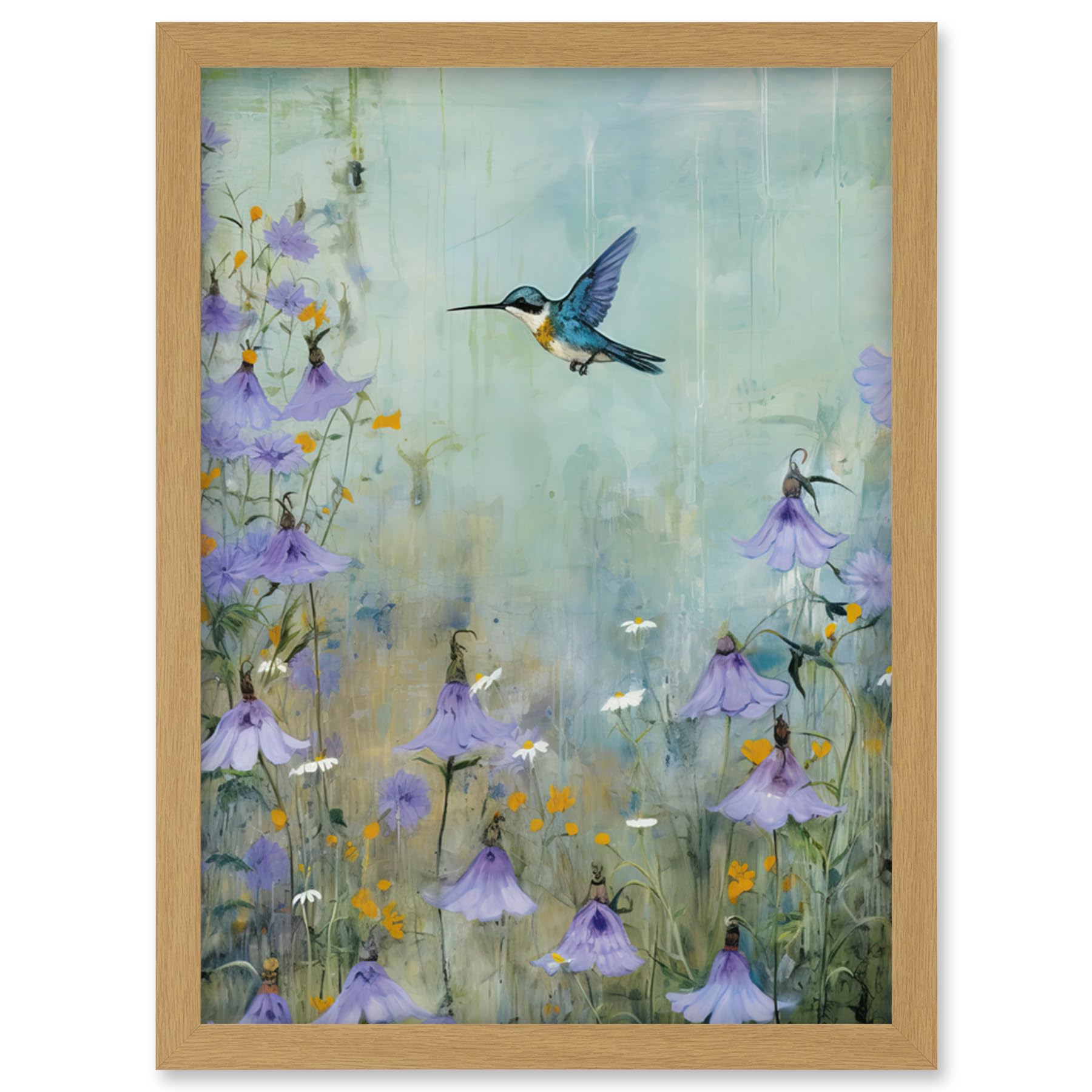 Artery8 Bluebell Hummingbird Pastel Painting Nectar Flowers Field Oil Painting Colour Artwork Framed Wall Art Print A4