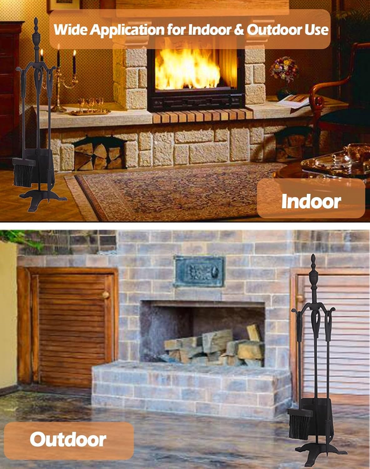 4 PCS Indoor Outside Fireplace Tools Set，Iron Fire Place Accessories Tools Holder with Brush Shovel Poker, Outdoor Fire Pit Tool Set