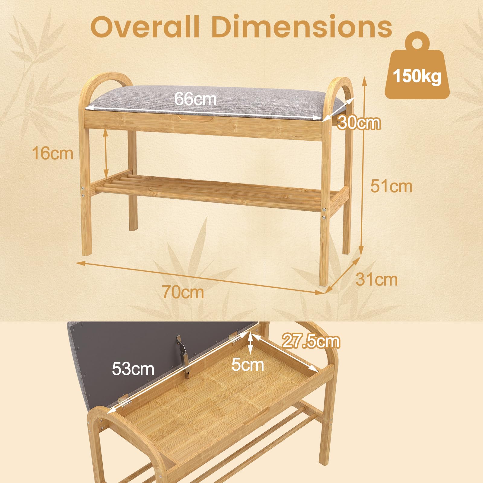 SOARS Panca Scarpiera da Ingresso in Legno Bambù 2 Livelli con Contenitore | Panca Imbottita Porta Scarpe per Corridoio, Camera da Letto e Soggiorno, Carico 150 kg, 70 x 30 x 51 cm